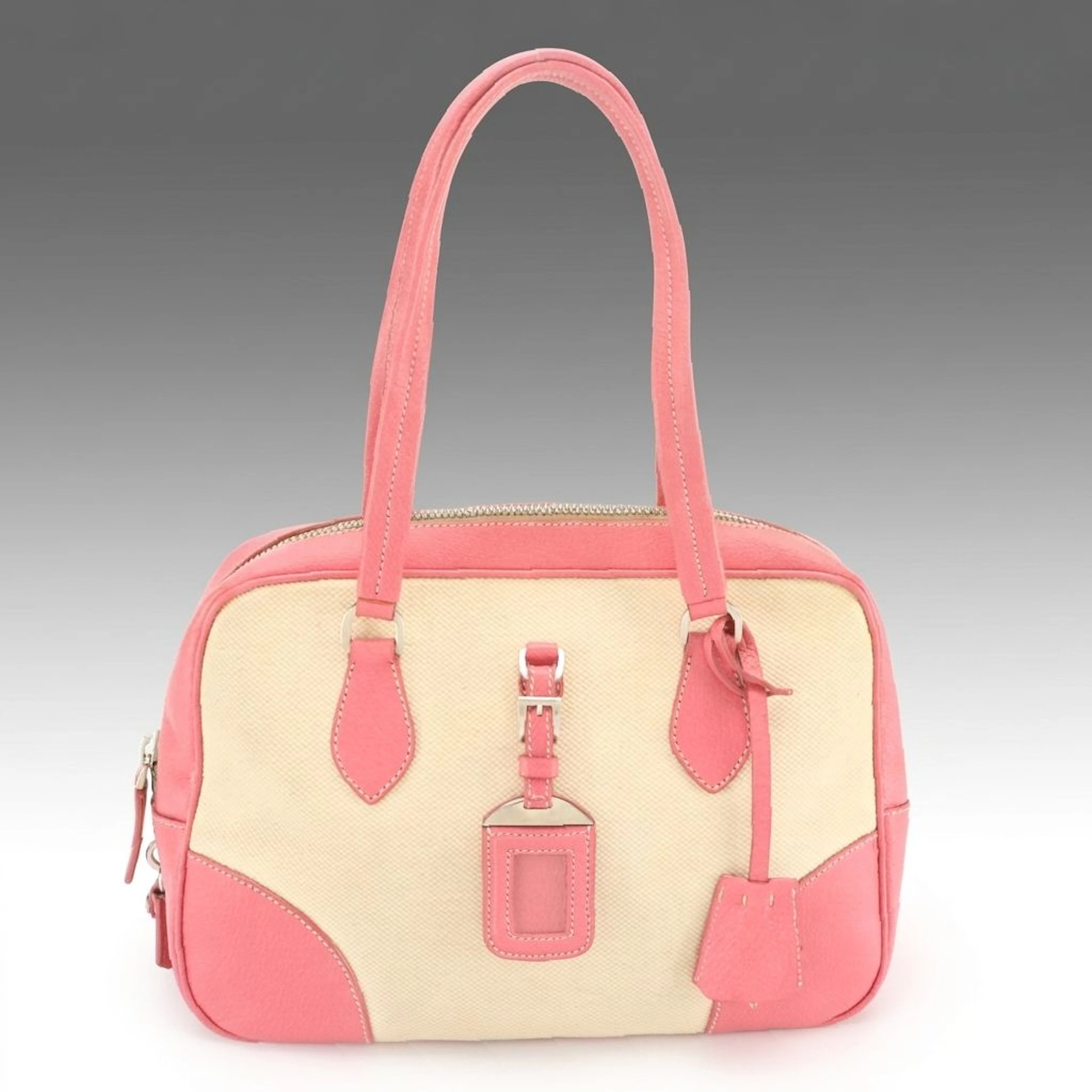 Prada Bowling Bag in Neutral Canvas and Pink Cinghiale Leather
