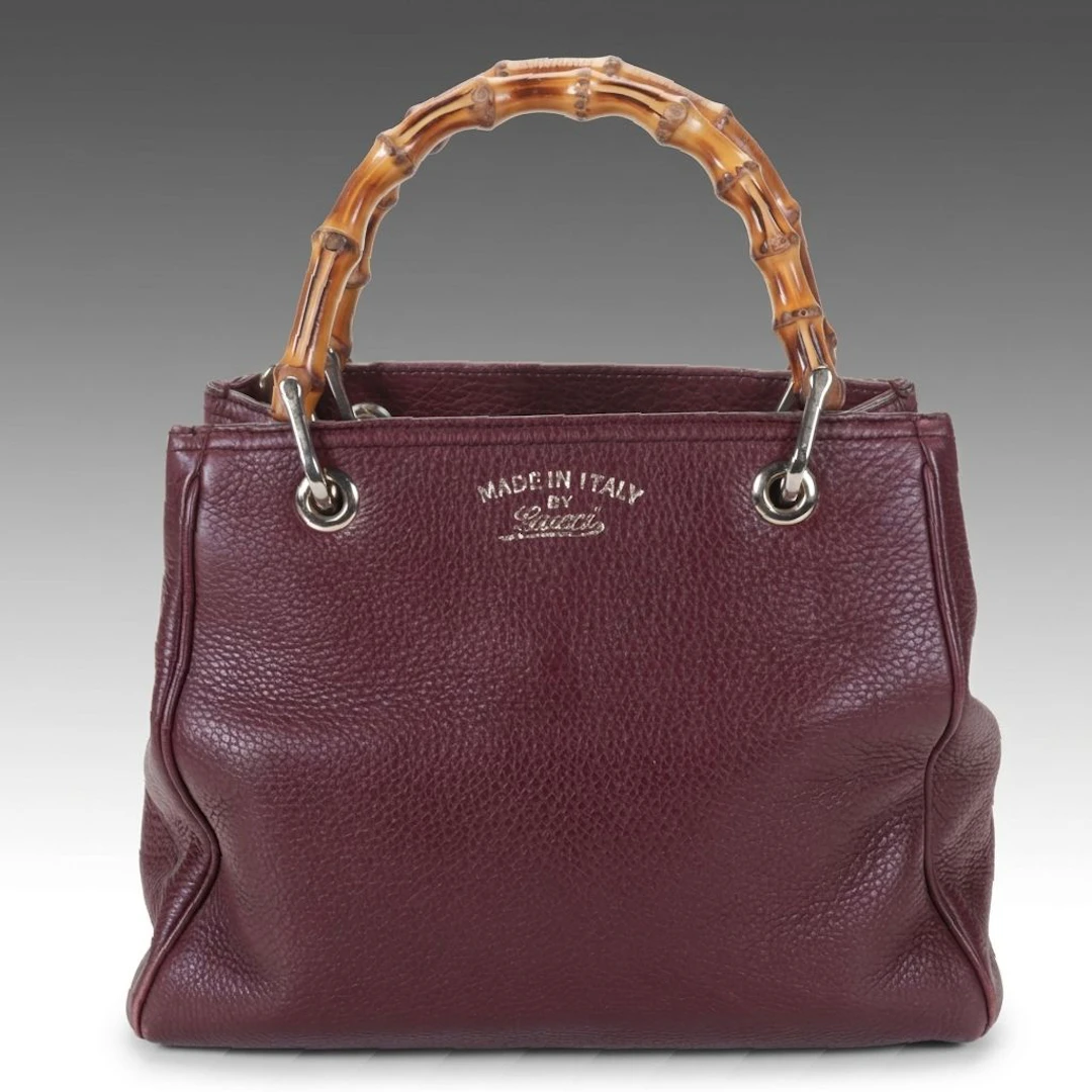 Gucci Small Bamboo Two-Way Shopper Tote in Plum Purple Grained Calfskin Leather