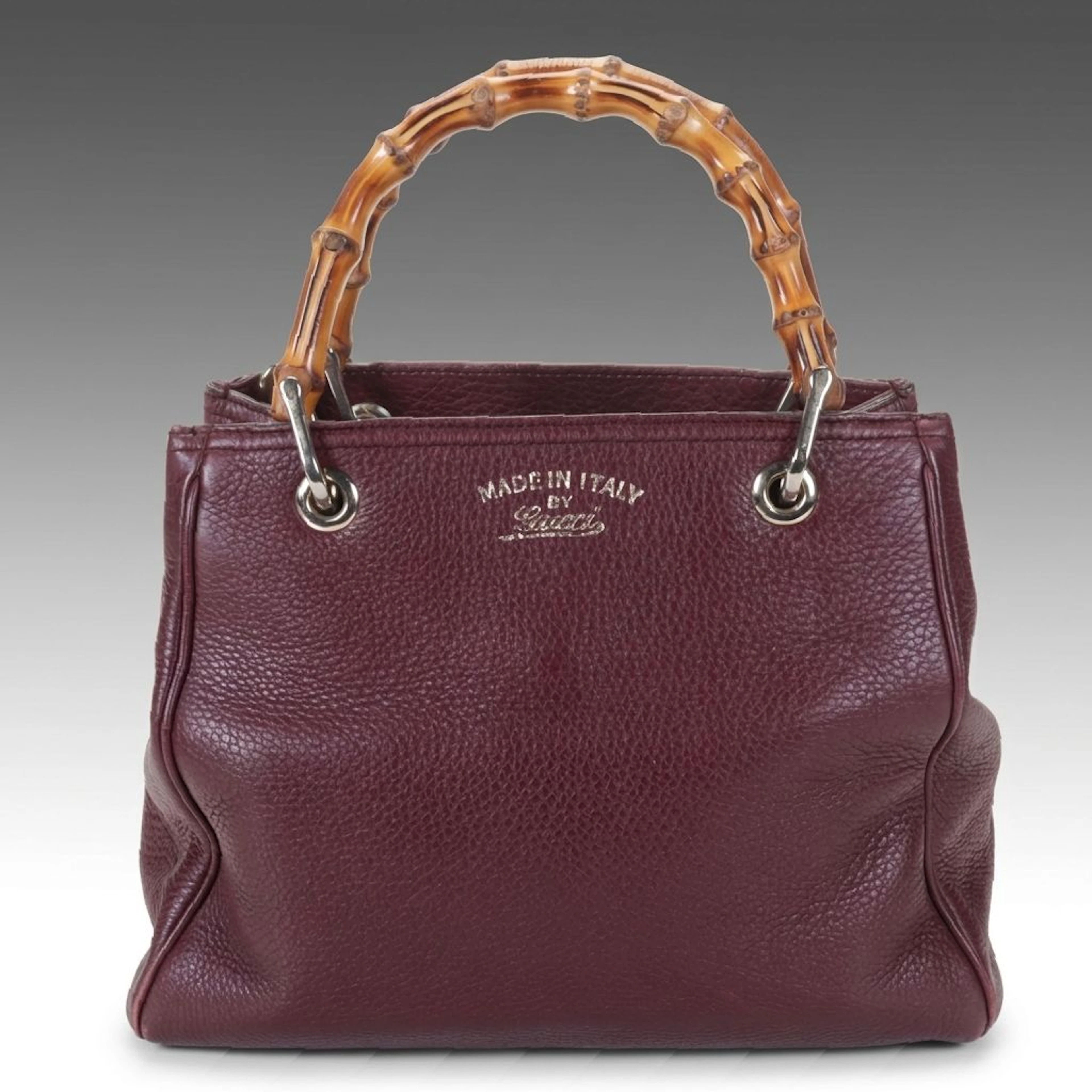 Gucci Small Bamboo Two-Way Shopper Tote in Plum Purple Grained Calfskin Leather