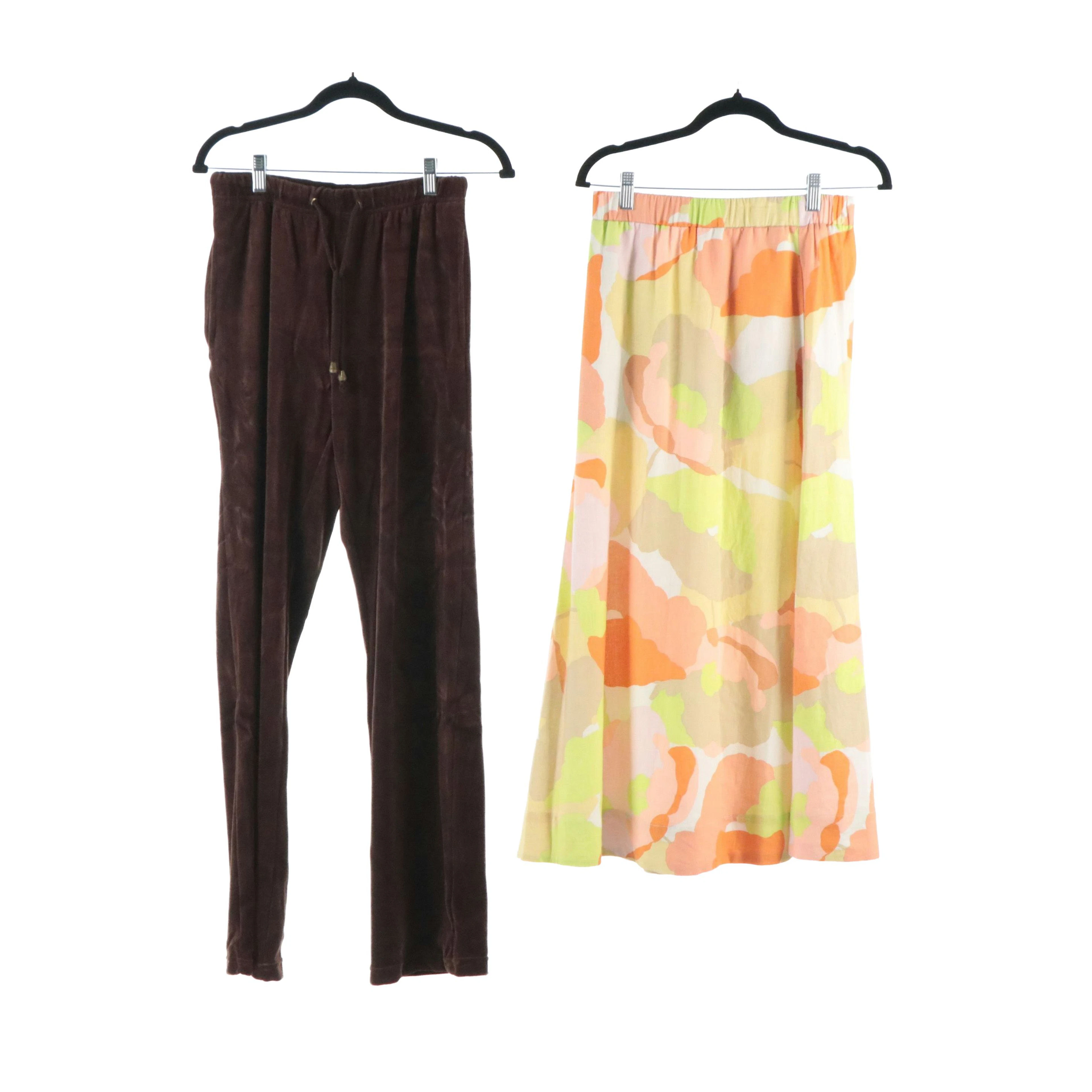 Multicolor Abstract Floral Linen Blend Maxi Skirt and Brown Drawstring Pants
