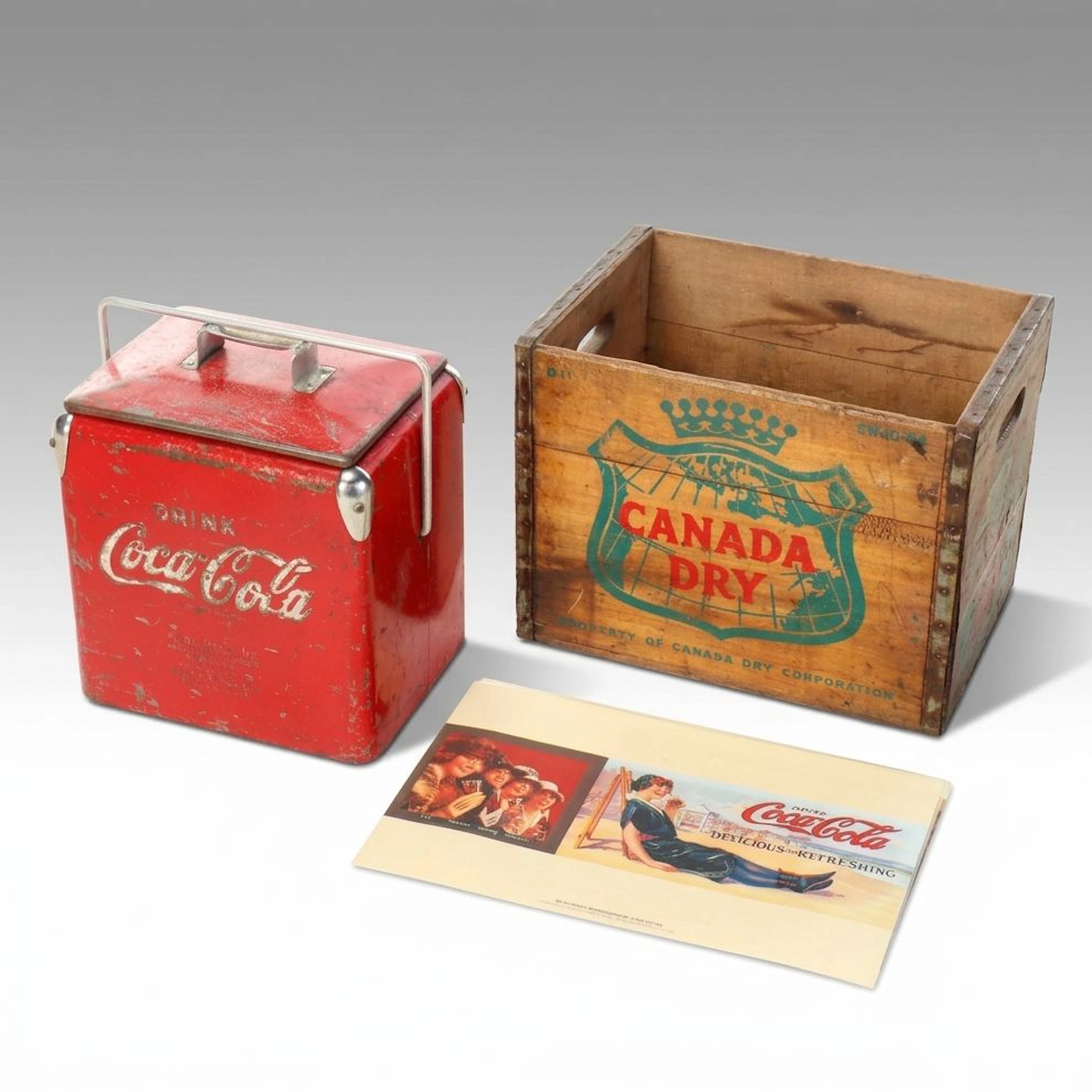 Coca-Cola Galvanized Metal Cooler with Prints and Canada Dry Wood Crate