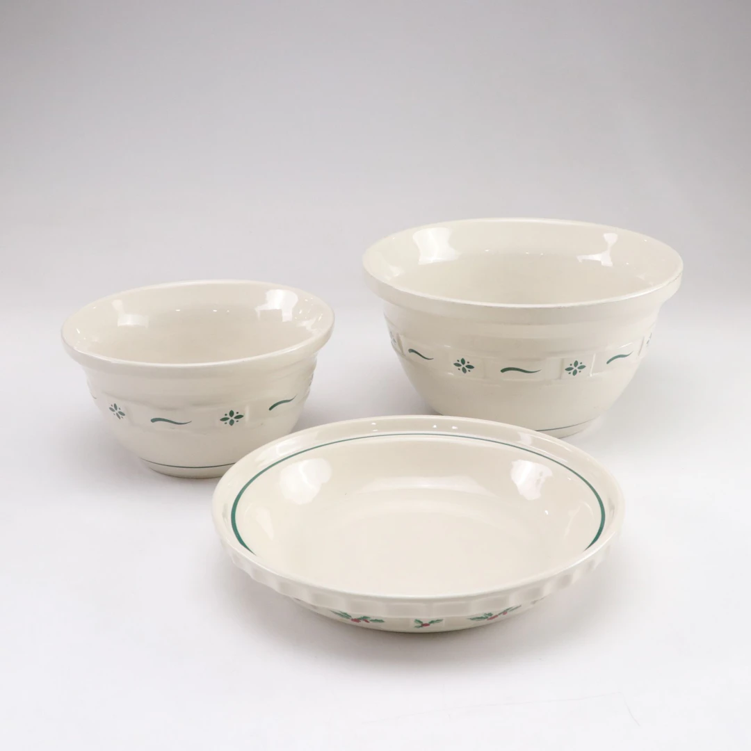 Longaberger "Traditional Holly" Pie Dish and "Heritage Green" Mixing Bowls