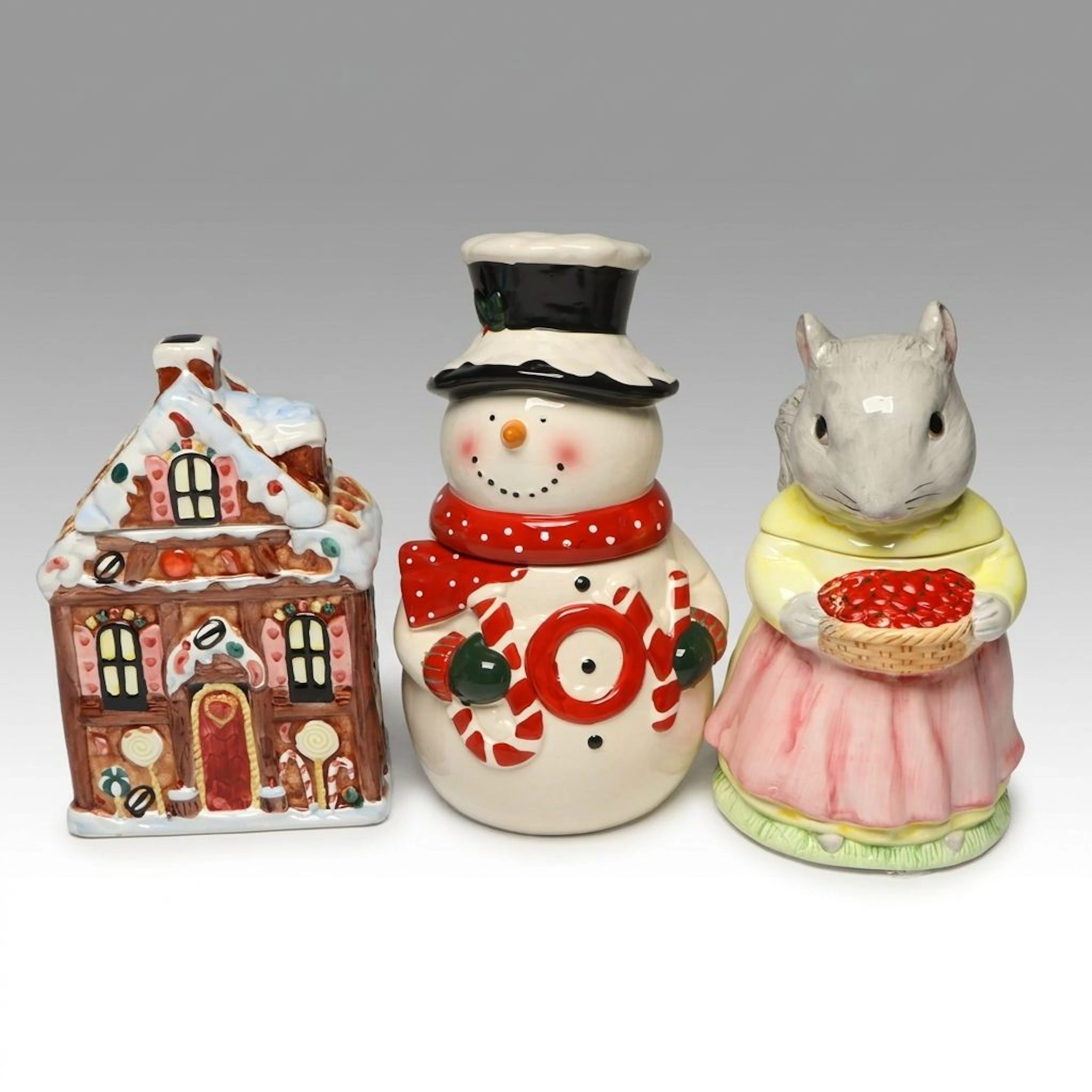 Novelty Ceramic Squirrel, Snowman, and Gingerbread House Cookie Jars
