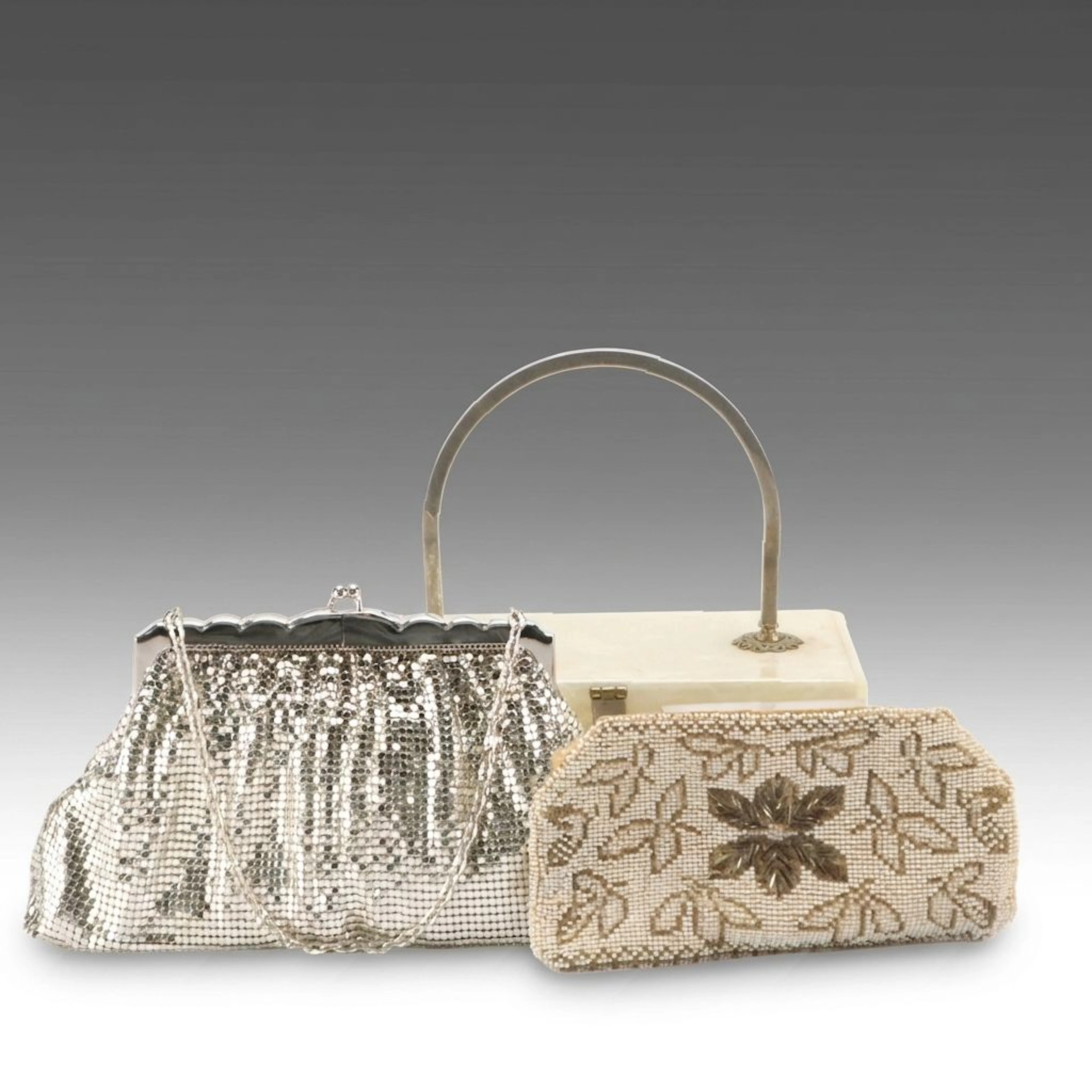 Whiting & Davis Metal Mesh Bag, Other Beaded Clutch, and Marbleized