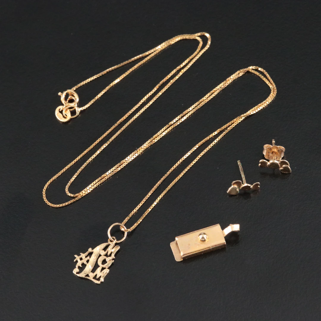 14K Pendant Necklace, Earrings & Clasp Finding