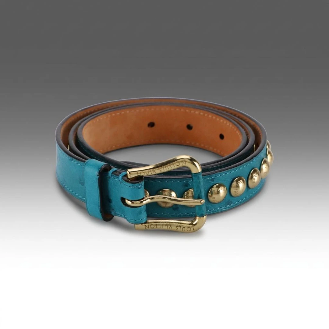 Louis Vuitton Studded Belt in Dyed Teal Blue Ostrich Leather