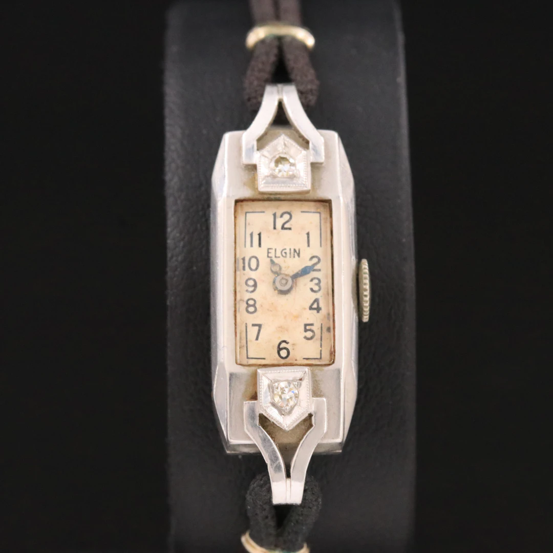 Elgin Platinum Diamond Accented Stem Wind Watch