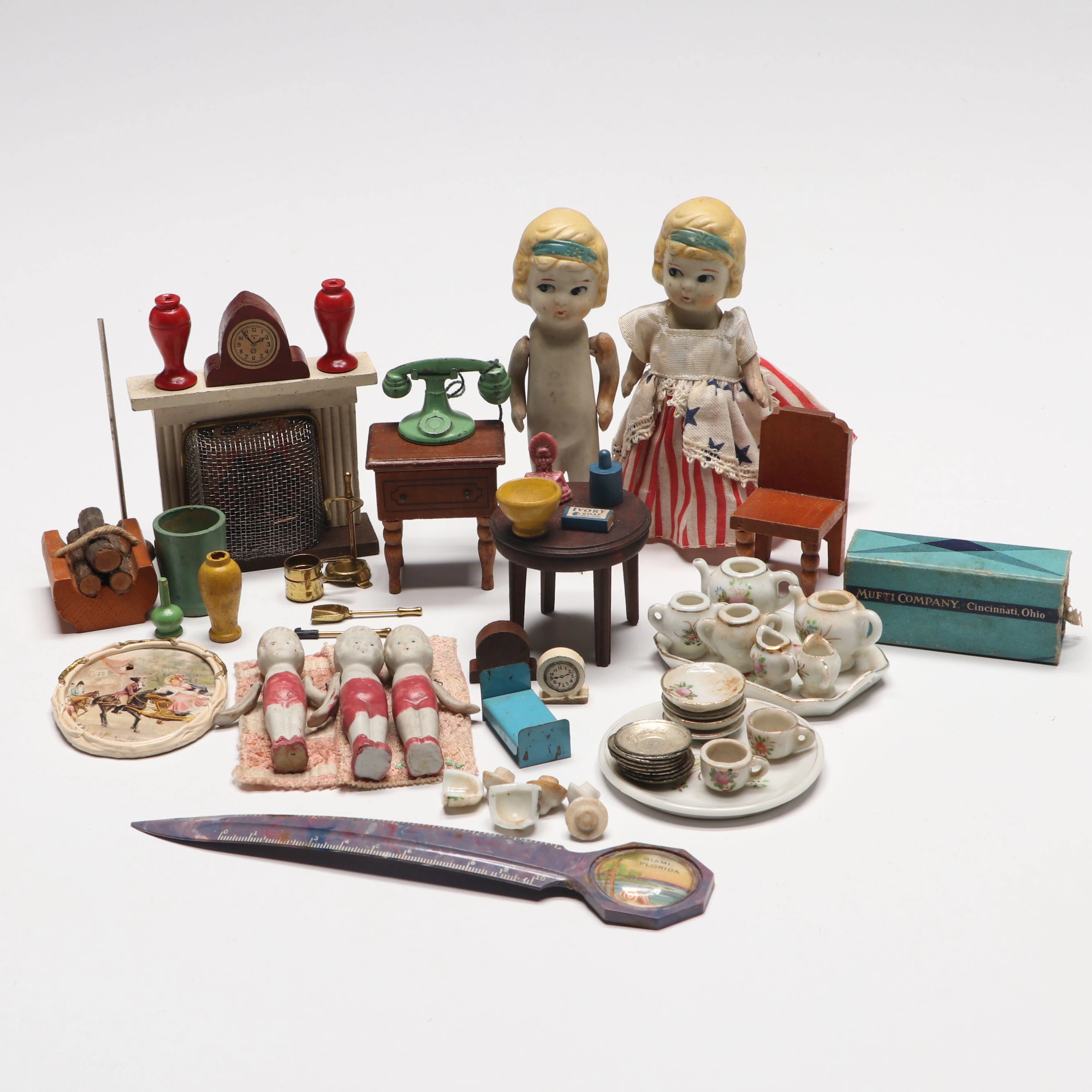 Japanese Jointed Dolls with Miniature Furniture and Accessories, Mid-20th C.