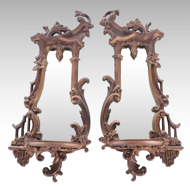 Pair of Georgian Style Giltwood Wall Mirrors with Shelves, Vintage