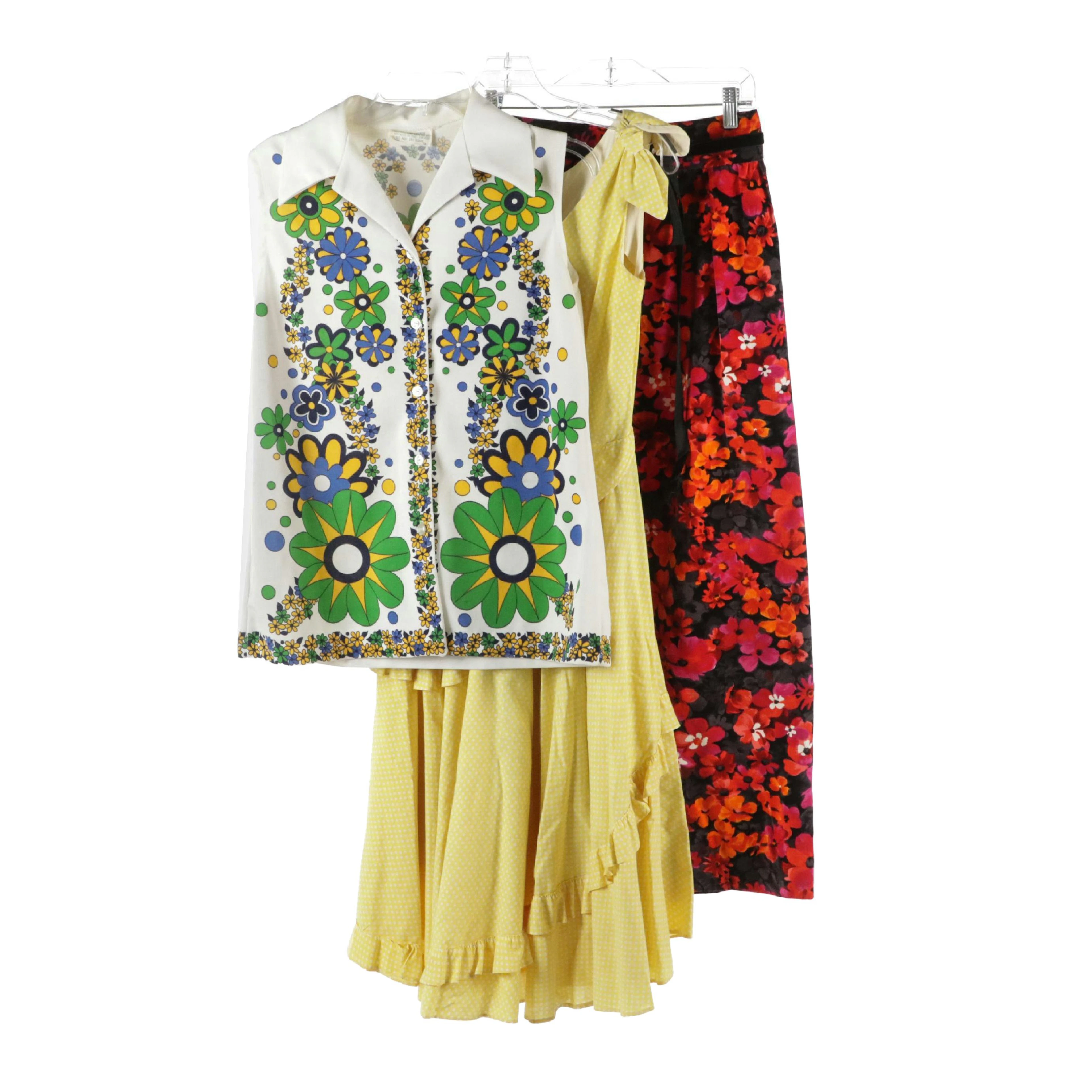 Vintage Floral Velvet Midi Skirt, Polka Dot Ruffled Dress and Printed Vest Top