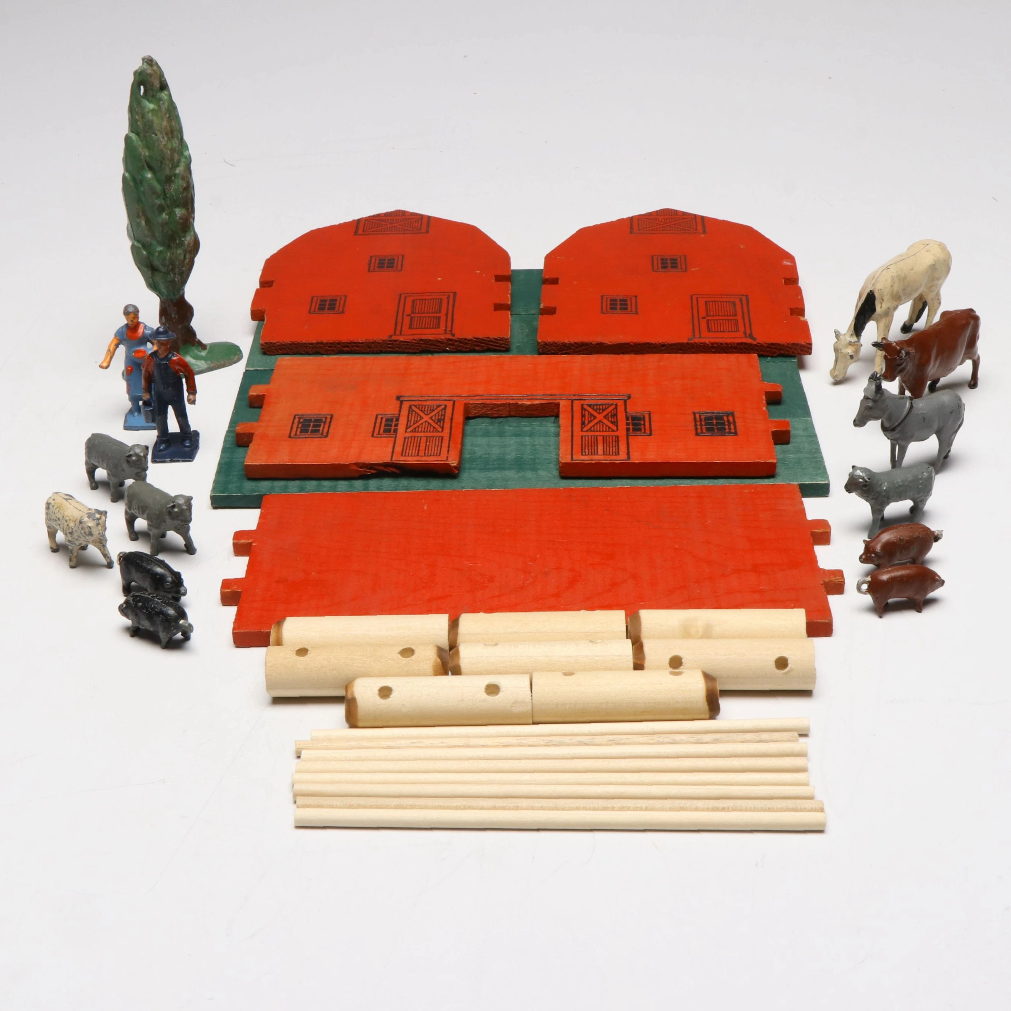 Lincoln Logs Barnyard Wood Barn and Cast Metal Figurines, Mid-20th C.