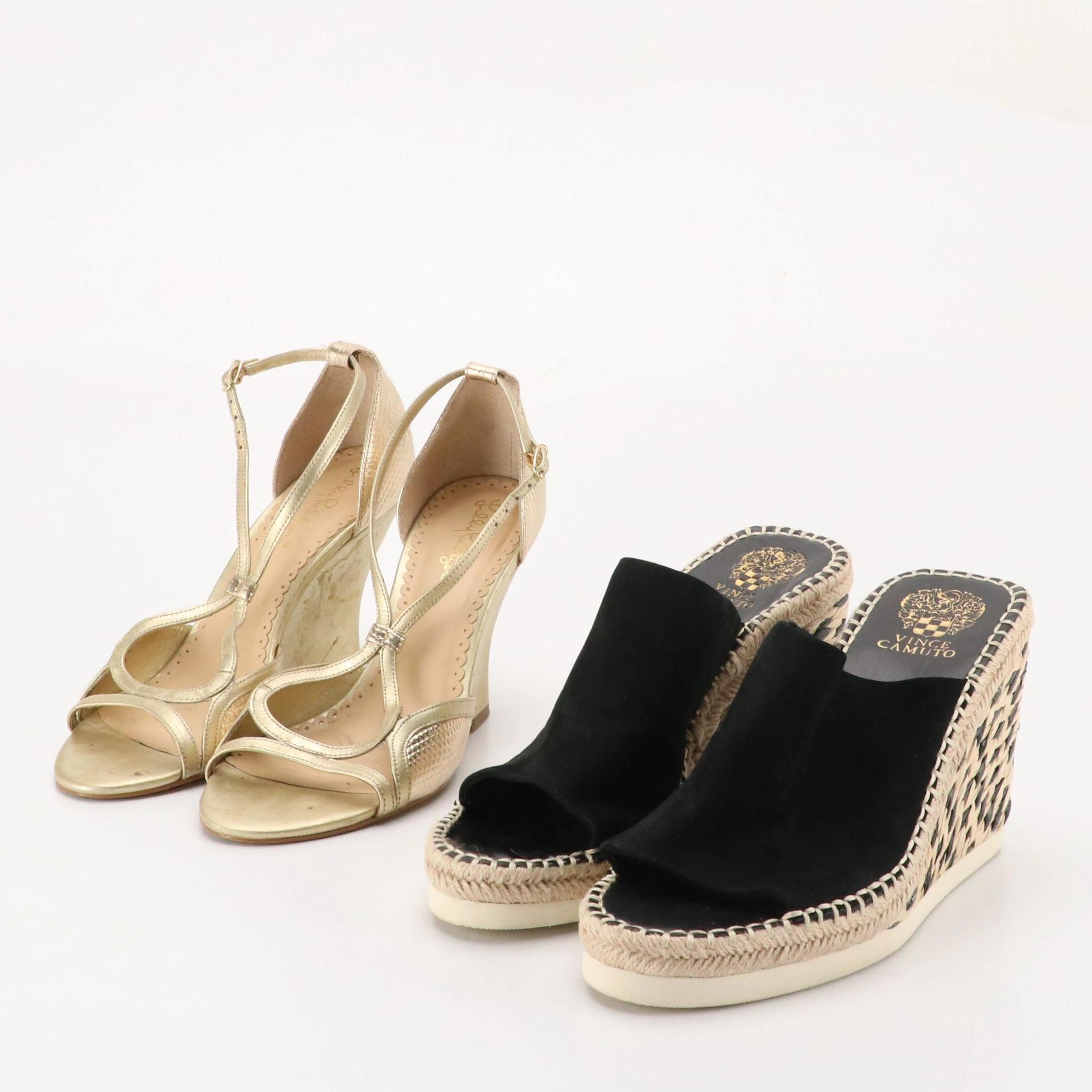 Lilly Pulitzer Janie Wedge in Gold Leather & Vince Camuto Brissia Mule Wedges