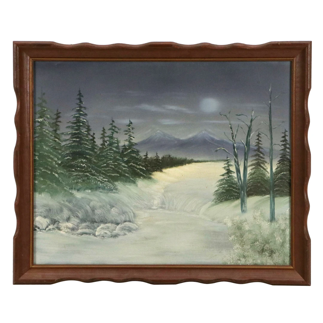 American Self-Taught Artist Oil Painting of Winter Waterfall Landscape, c. 1960