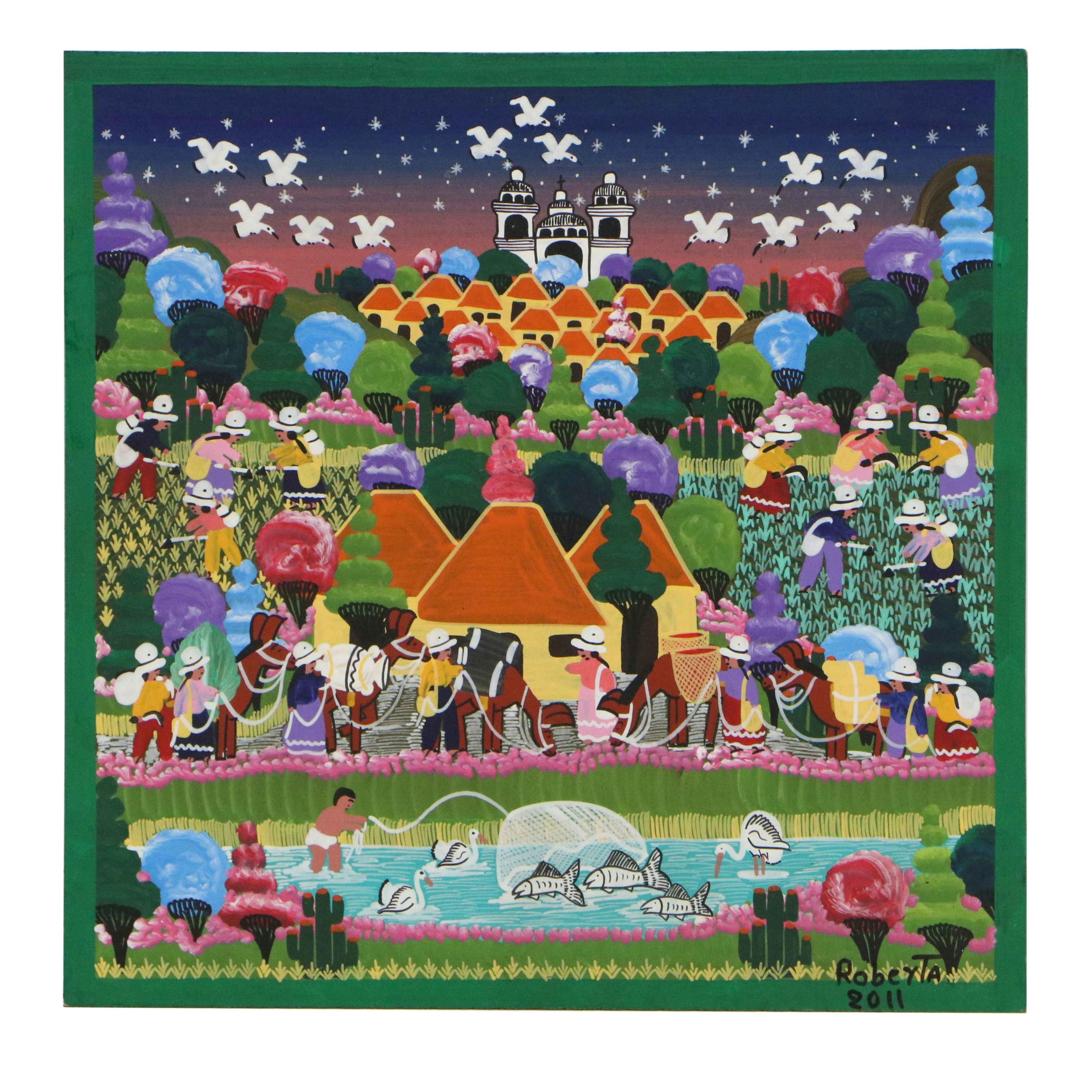 South American Folk Art Nocturne Landscape Gouache Painting of Community, 2011