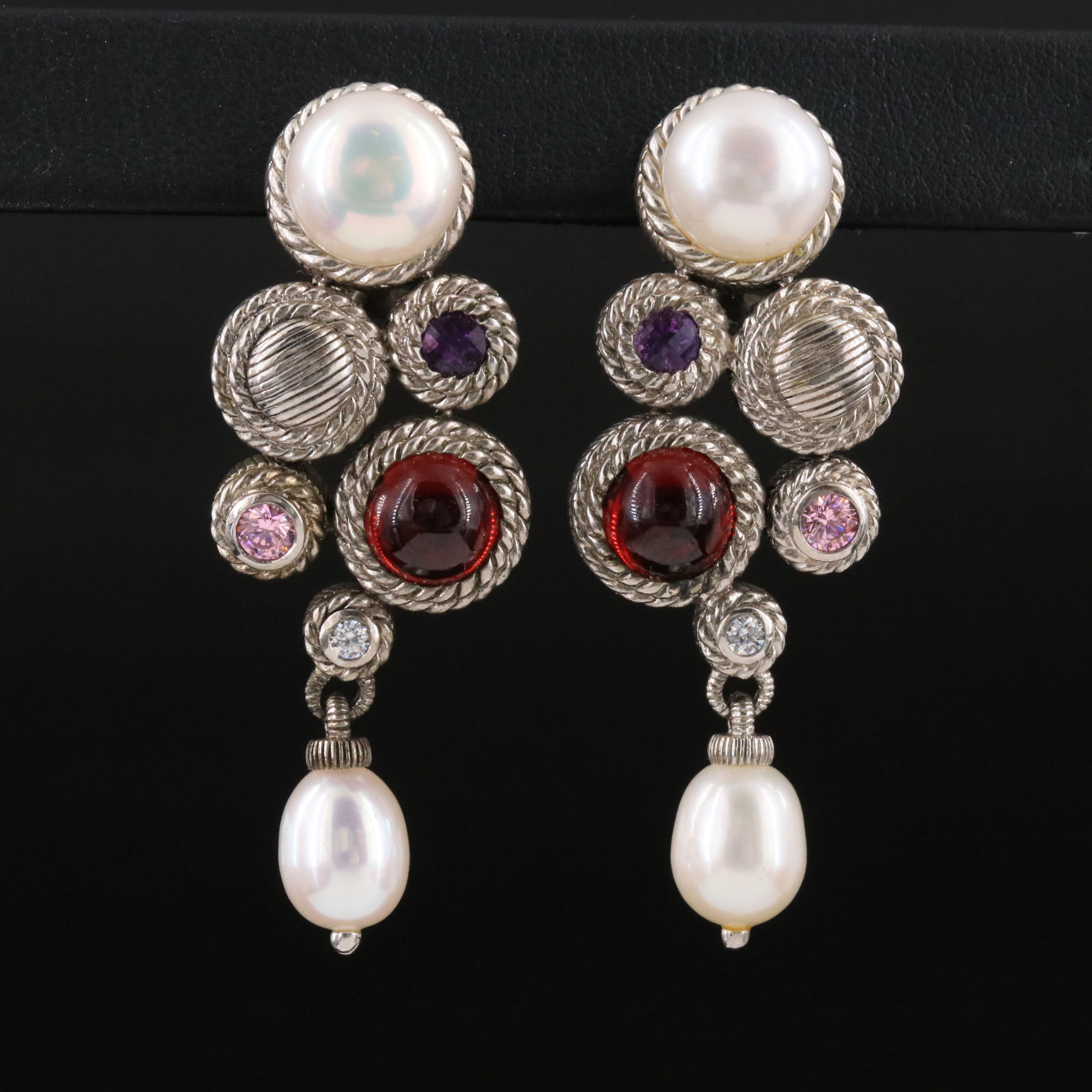 Judith Ripka Sterling Pearl, Amethyst and CZ Earrings