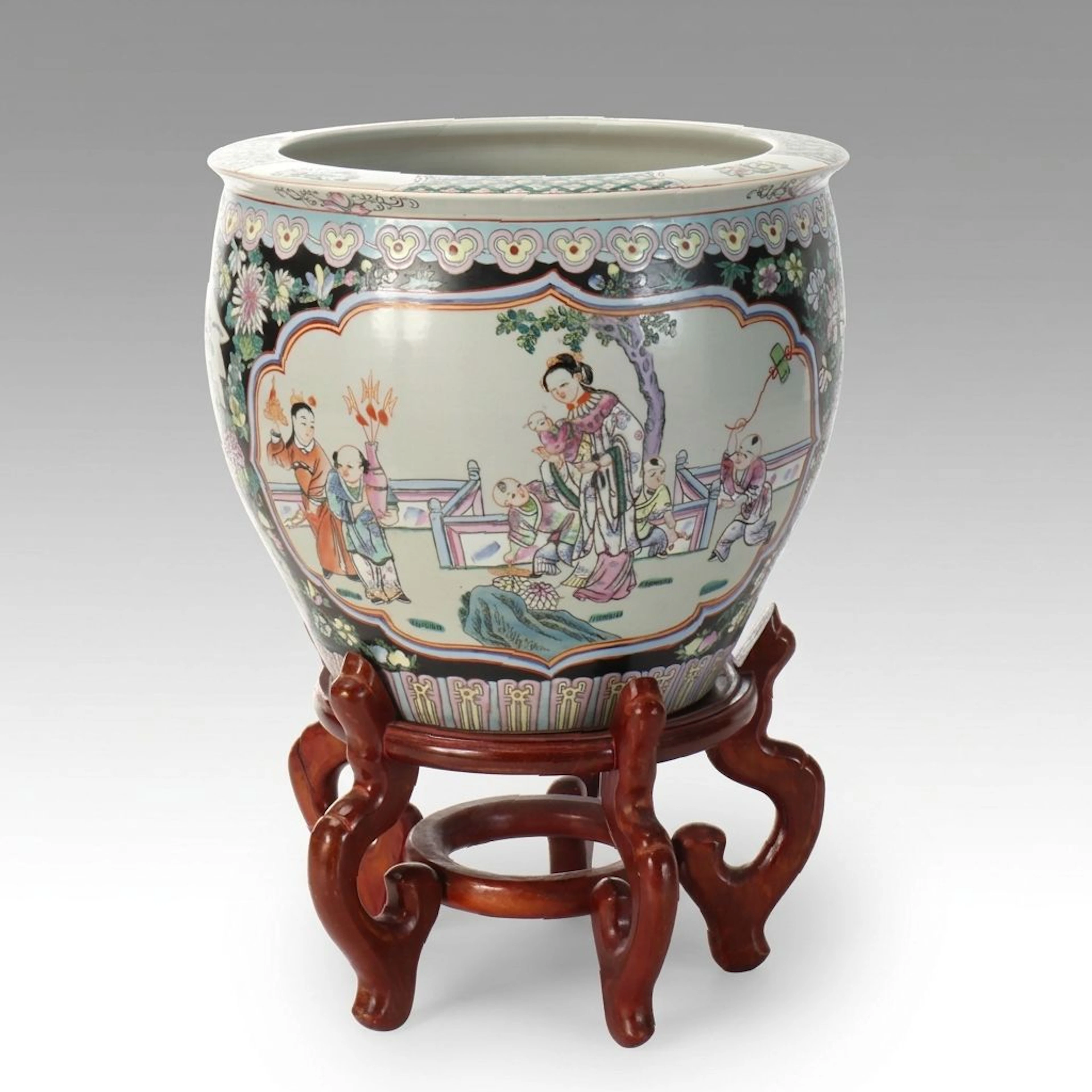 Chinese Famille Noire Hand-Painted Fishbowl Planter on Wood Stand