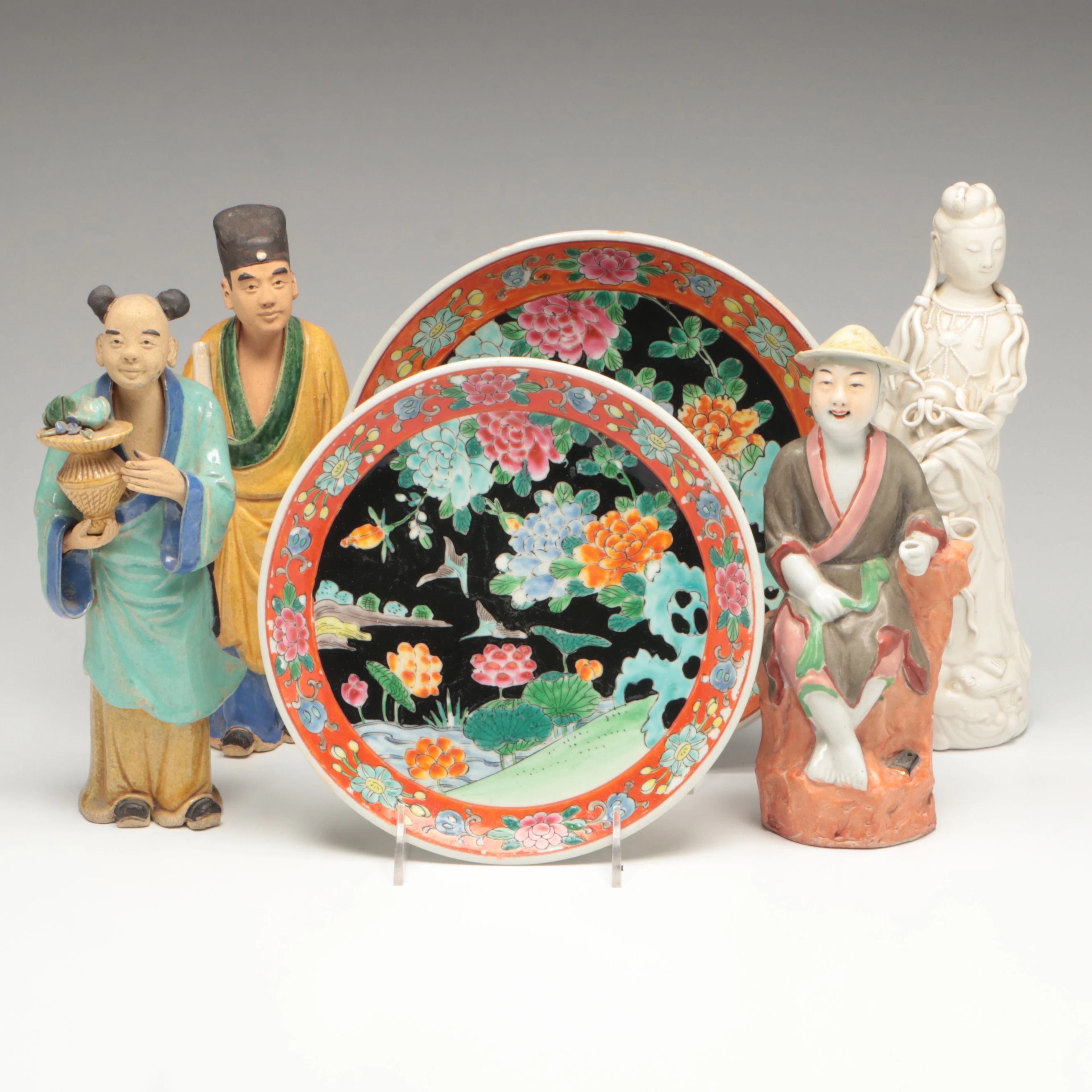 Chinese Blanc de Chine and Shiwan Ware Figurines with Japanese Porcelain Plates