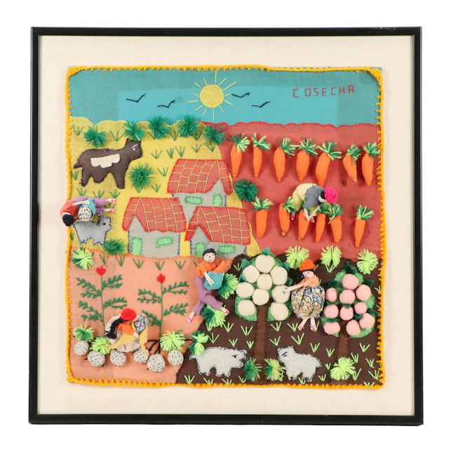 Peruvian Arpillera Dimensional Textile Wall Hanging "Cosecha"