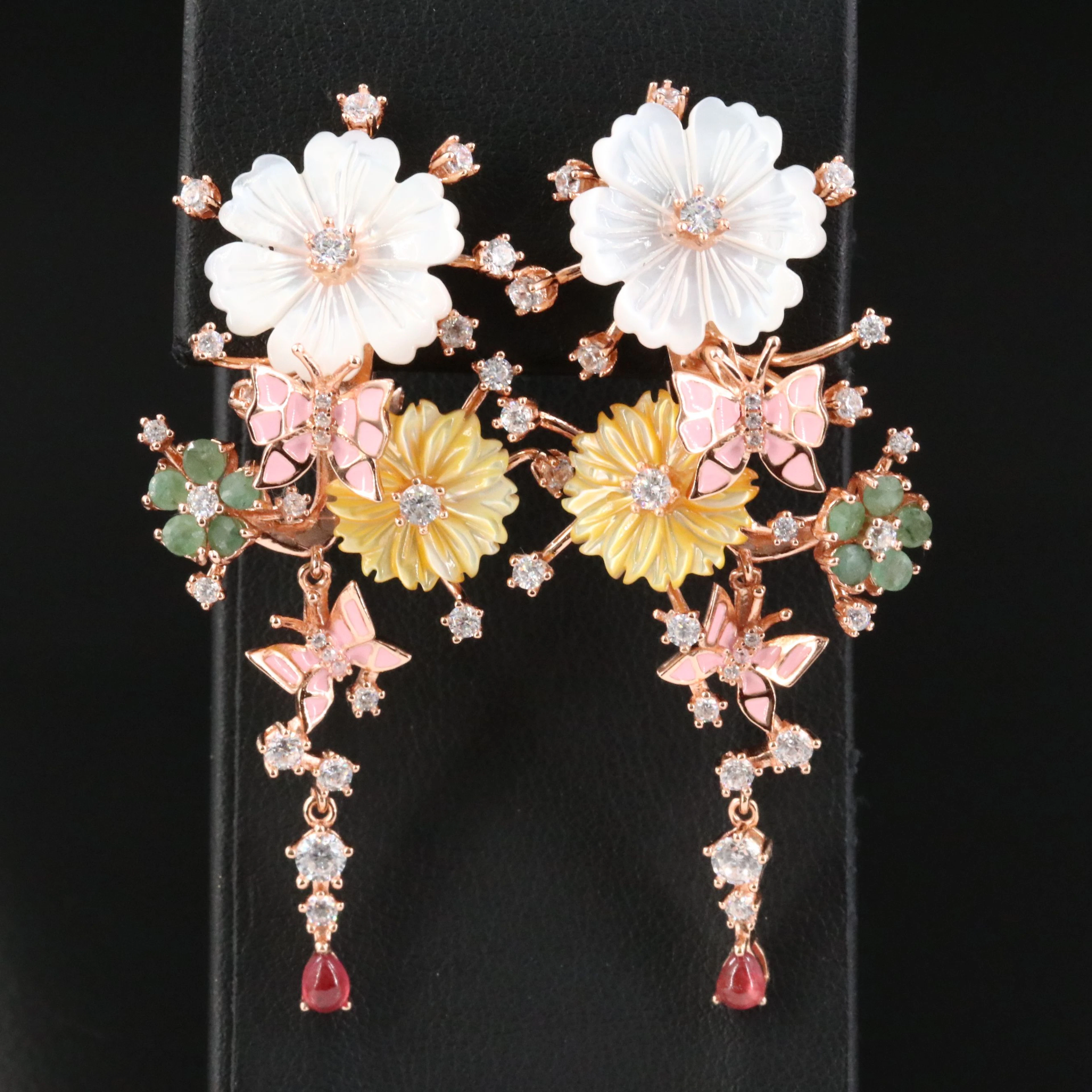 Sterling Floral and Butterfly Earrings Featuring Mother-of-Pearl and Emerald