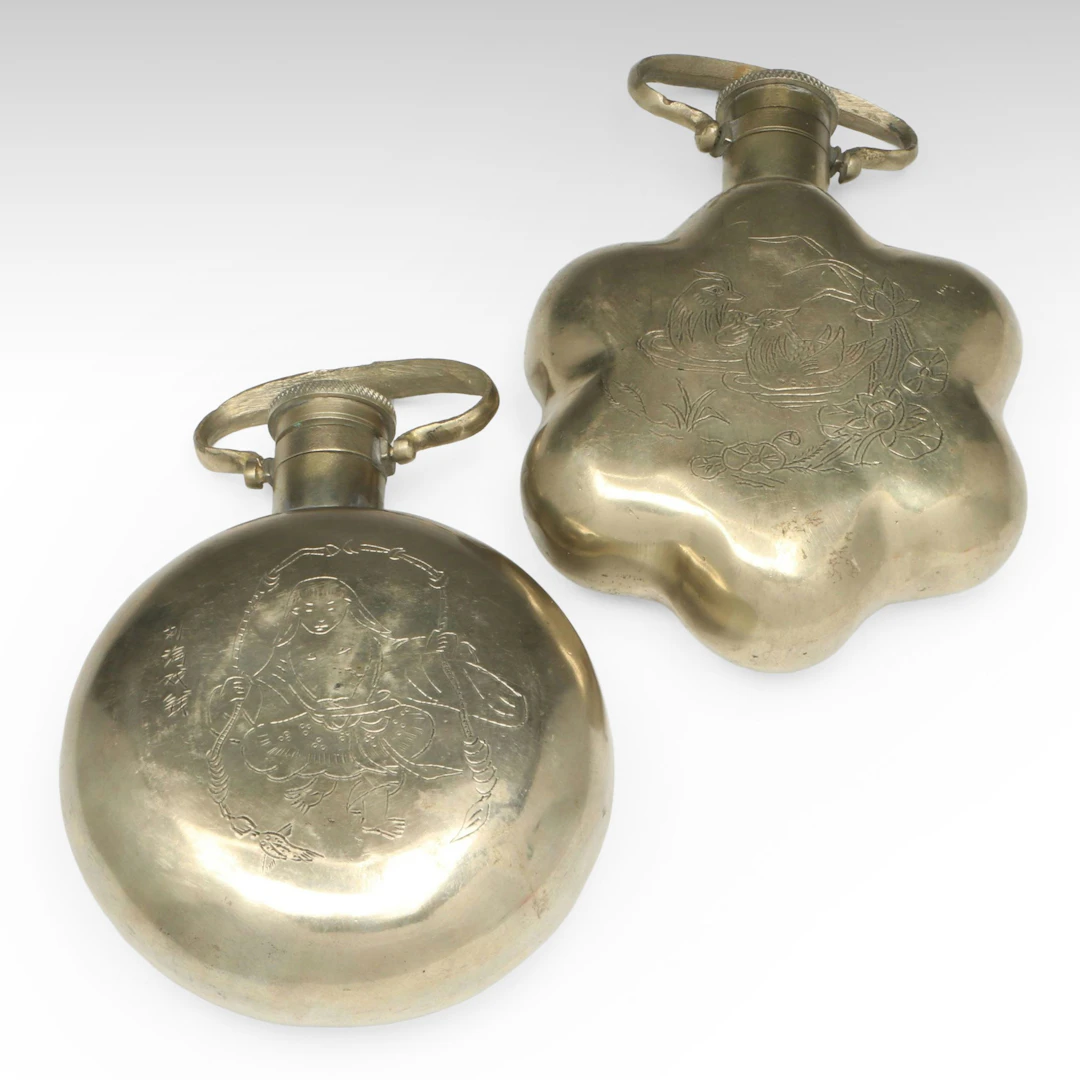 Chinese Republic Period Etched Plum Blossom and Circular Shaped Metal Flasks