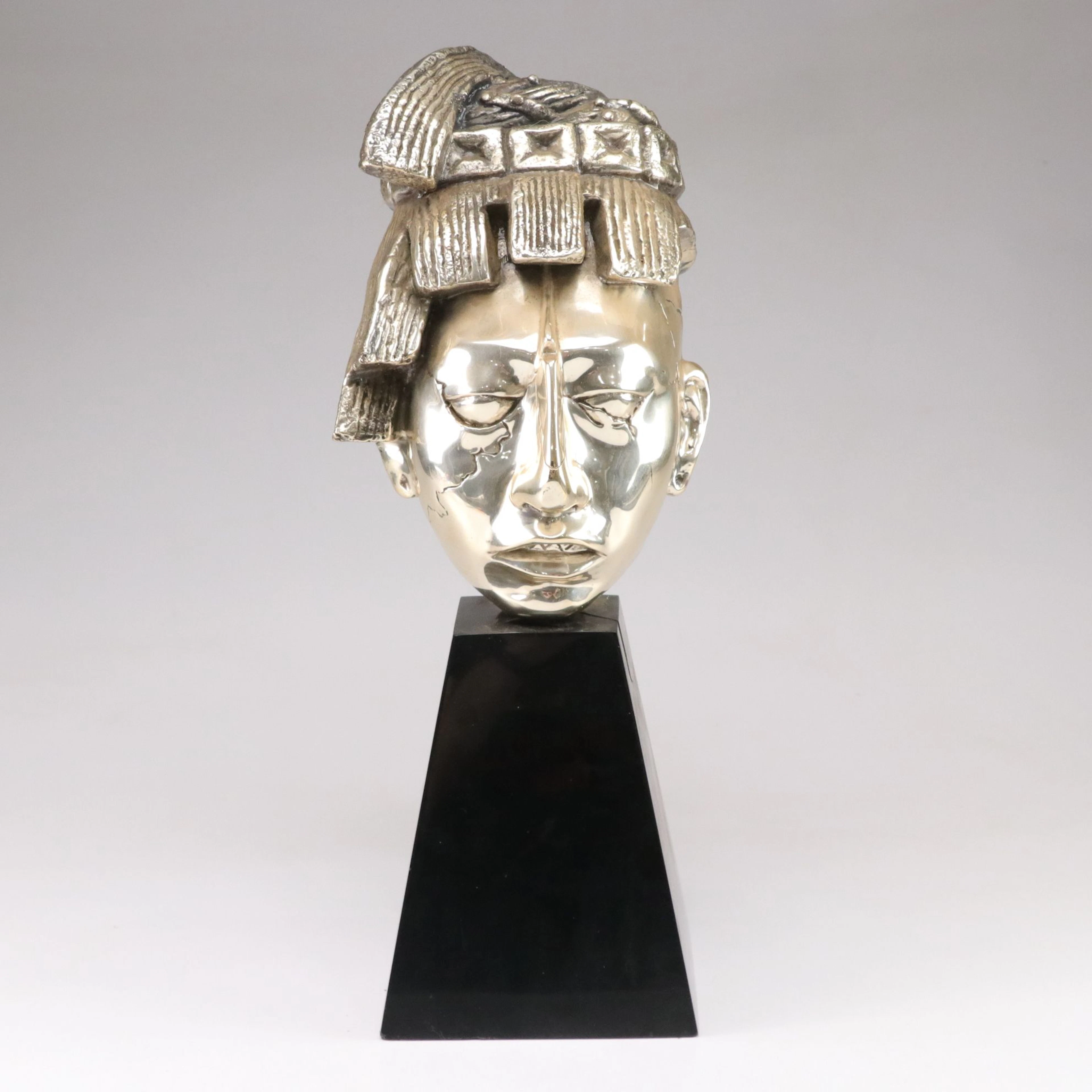 D'Argenta Mexico Silver Plate Mayan King Pakal Bust Sculpture