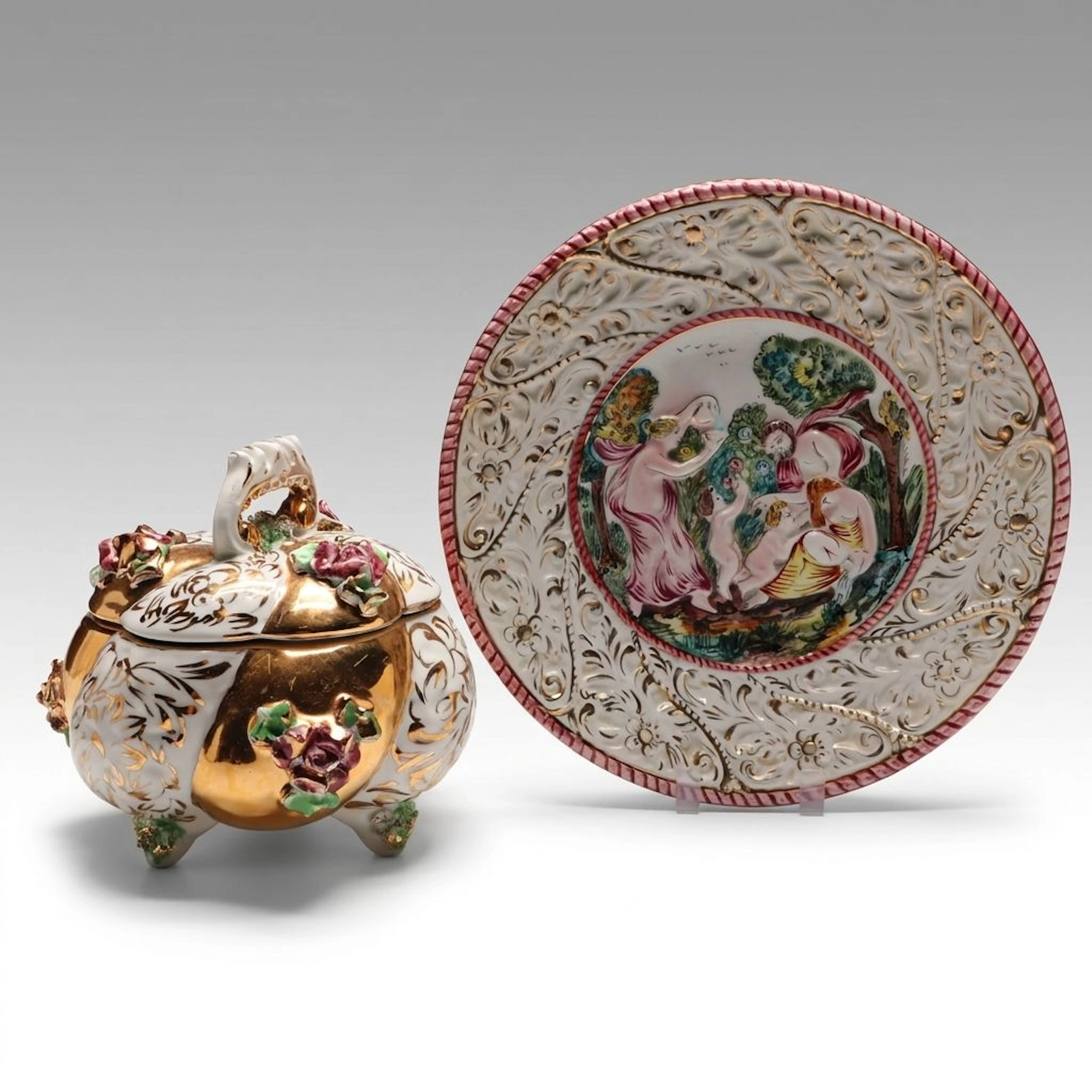 Capodimonte Italian Porcelain Plate with Other Gilt Decorated Tureen