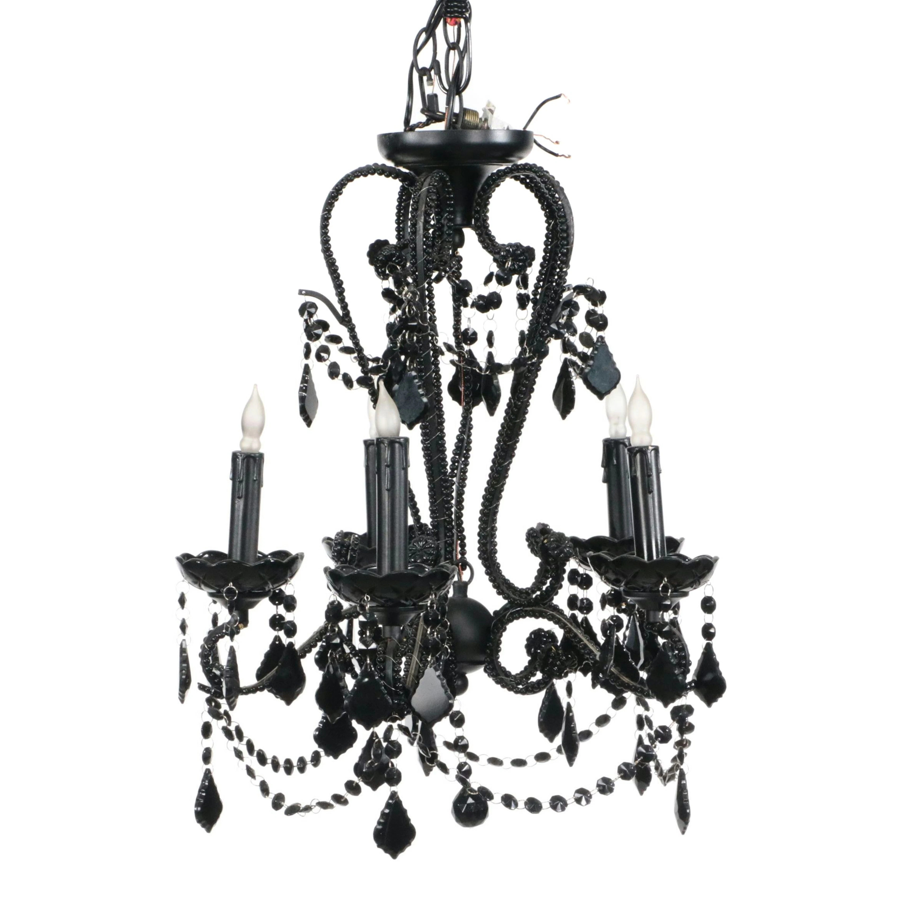 Gothic Revival Black Glass and Metal Chandelier with Black Beadwork