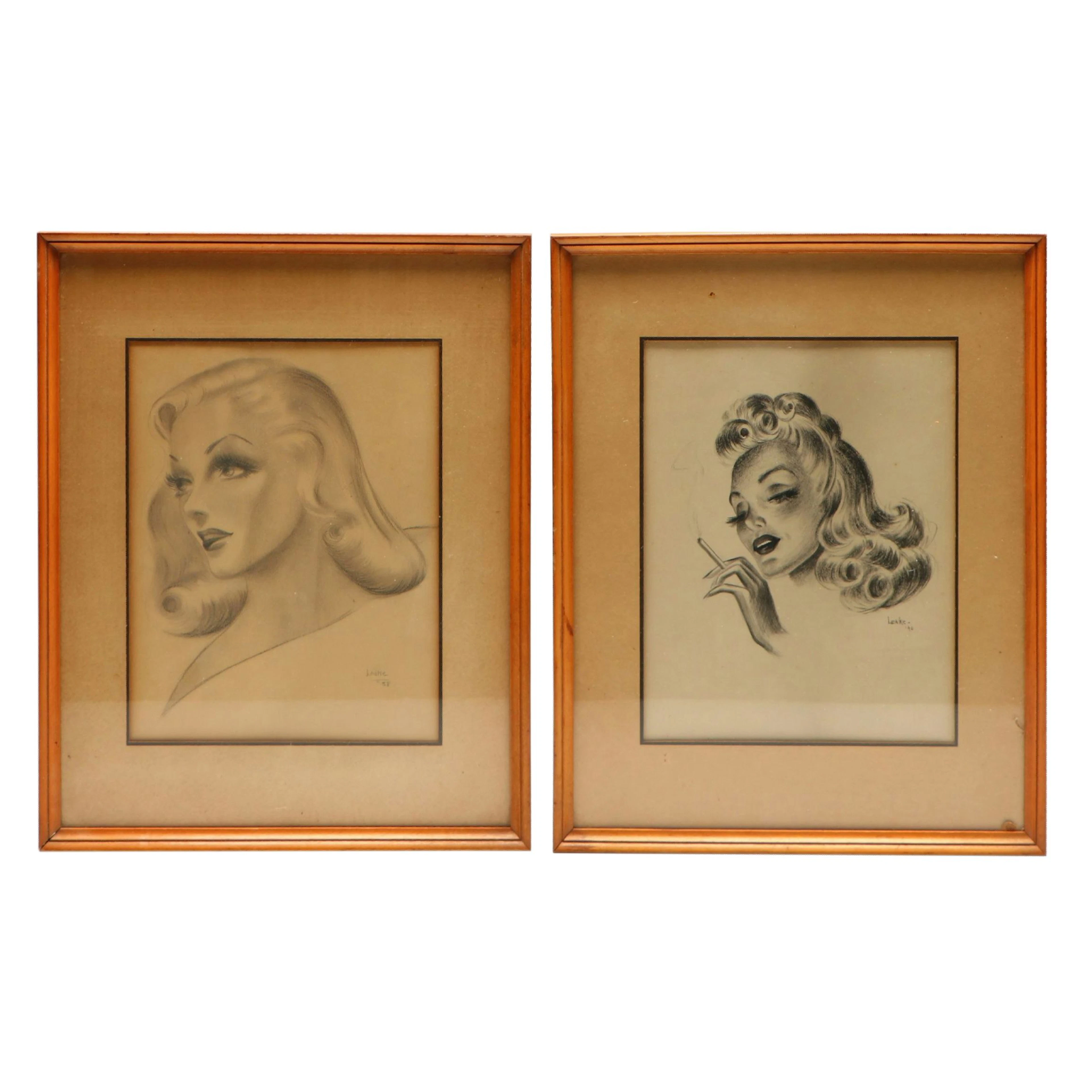 Artist Signed Graphite Drawing Portraits of Women, Mid-20th Century