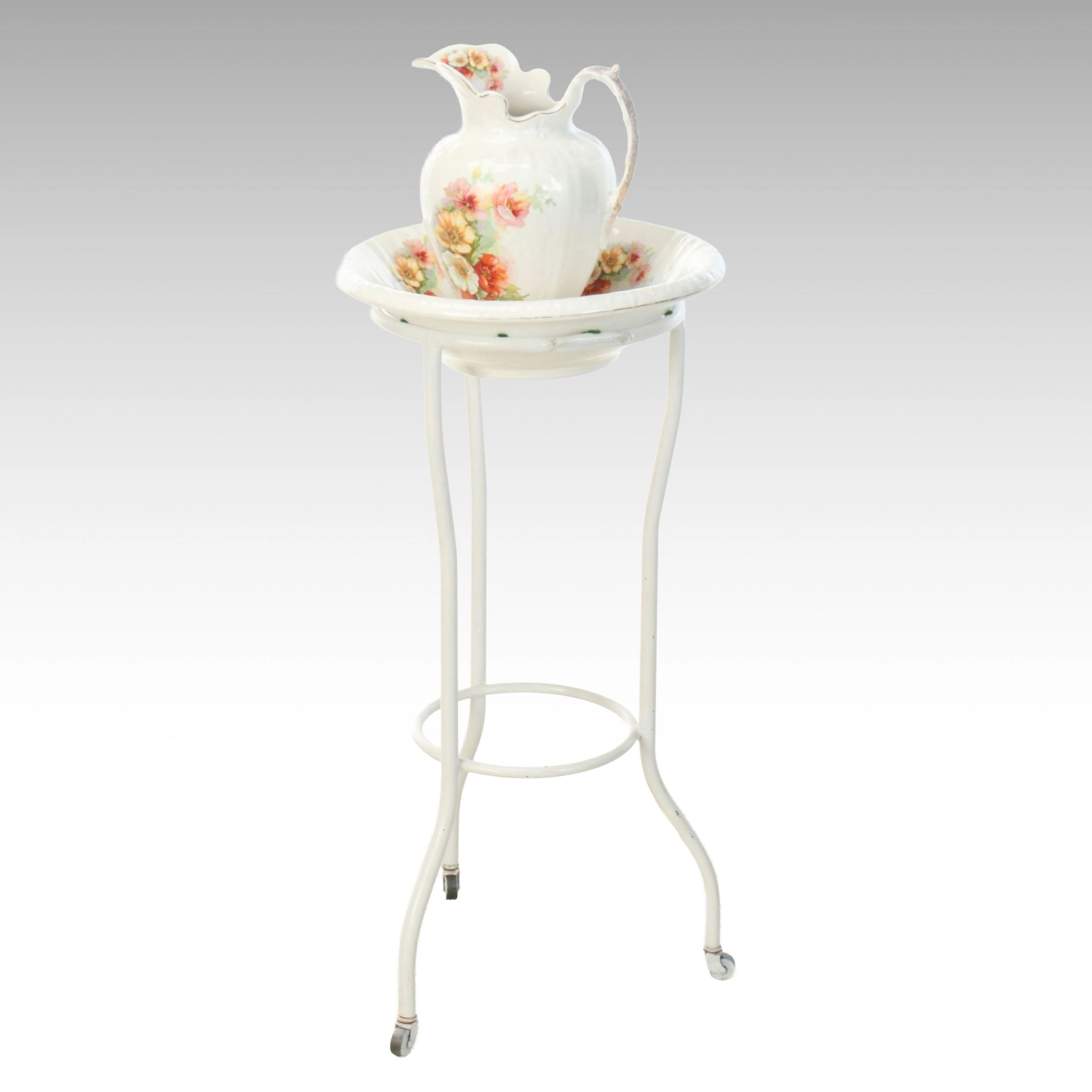 Smith-Phillips Ceramic Pitcher and Basin with Metal Stand, Early 20th C.