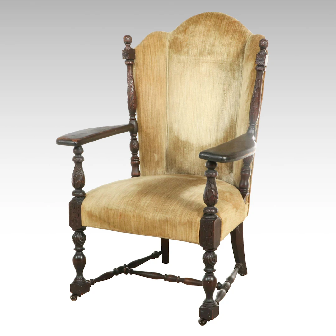 Jacobean Revival Velvet Upholstered Armchair, Early 20th Century
