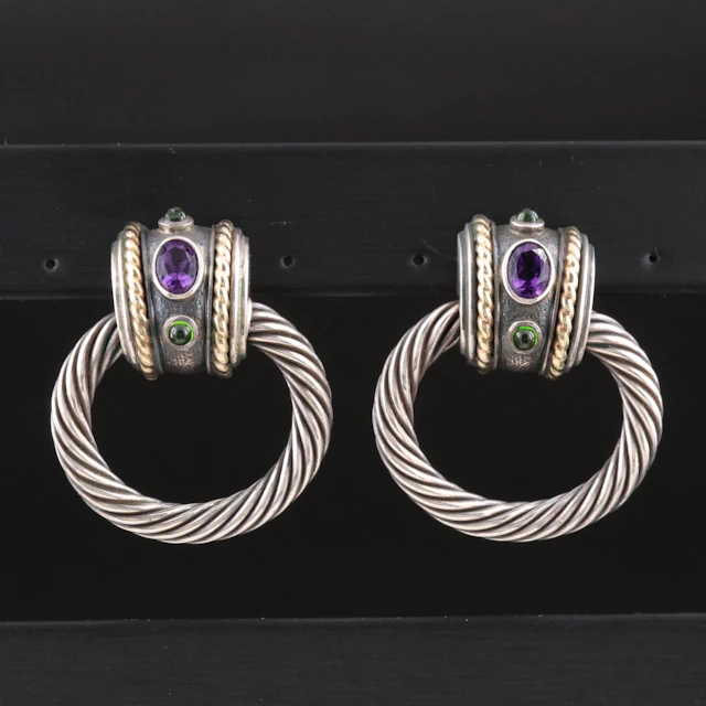 David Yurman Sterling Amethyst Diopside Door Knocker Earrings with 14K Accents