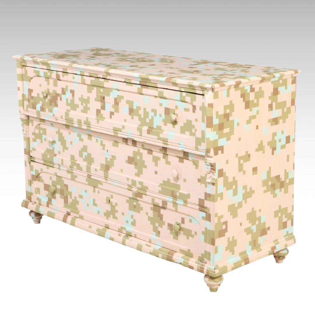Custom Digital Camouflage Painted Three-Drawer Commode Chest