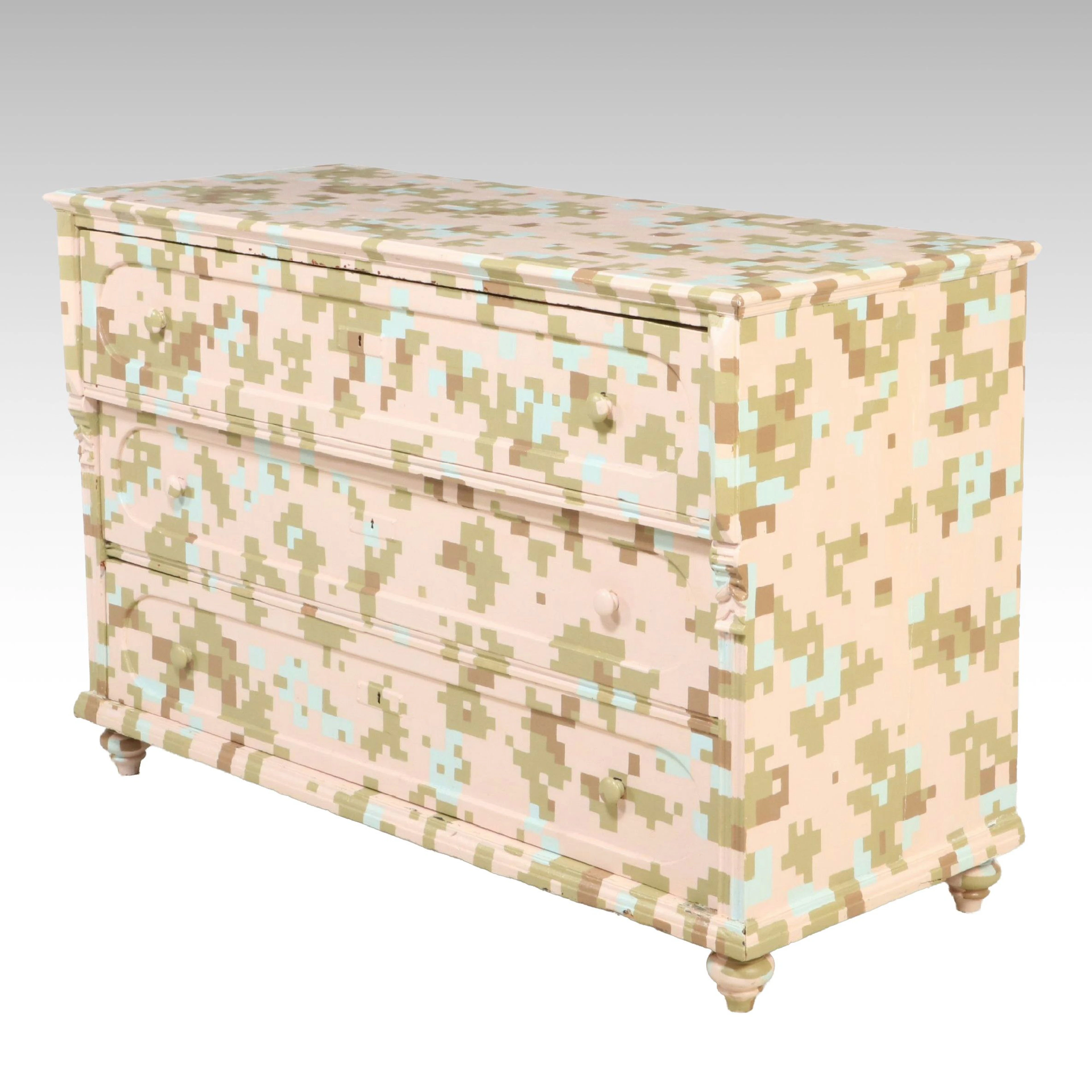 Custom Digital Camouflage Painted Three-Drawer Commode Chest
