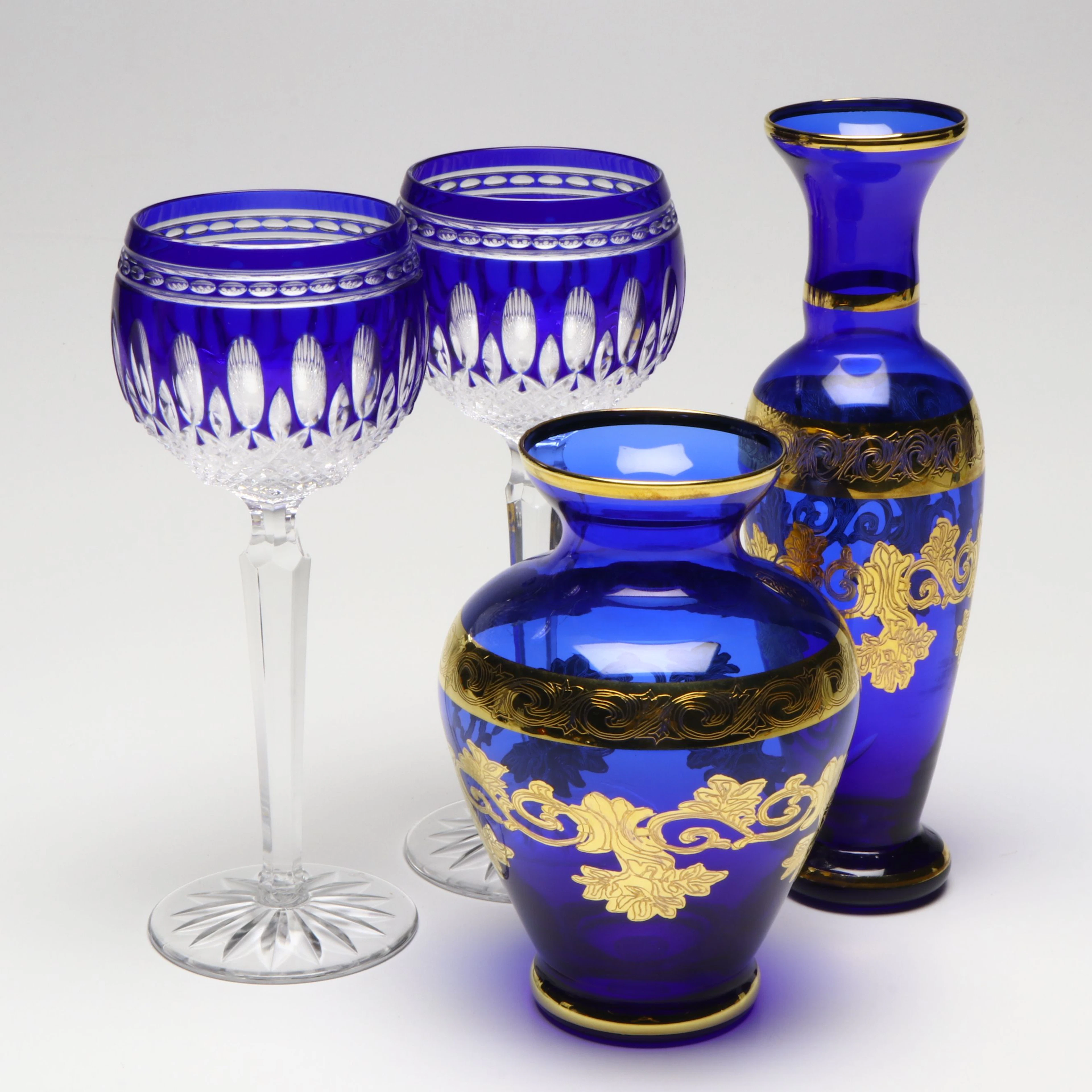 Waterford "Clarendon" Cobalt Hock Wine Glasses and Italian Glass Vases