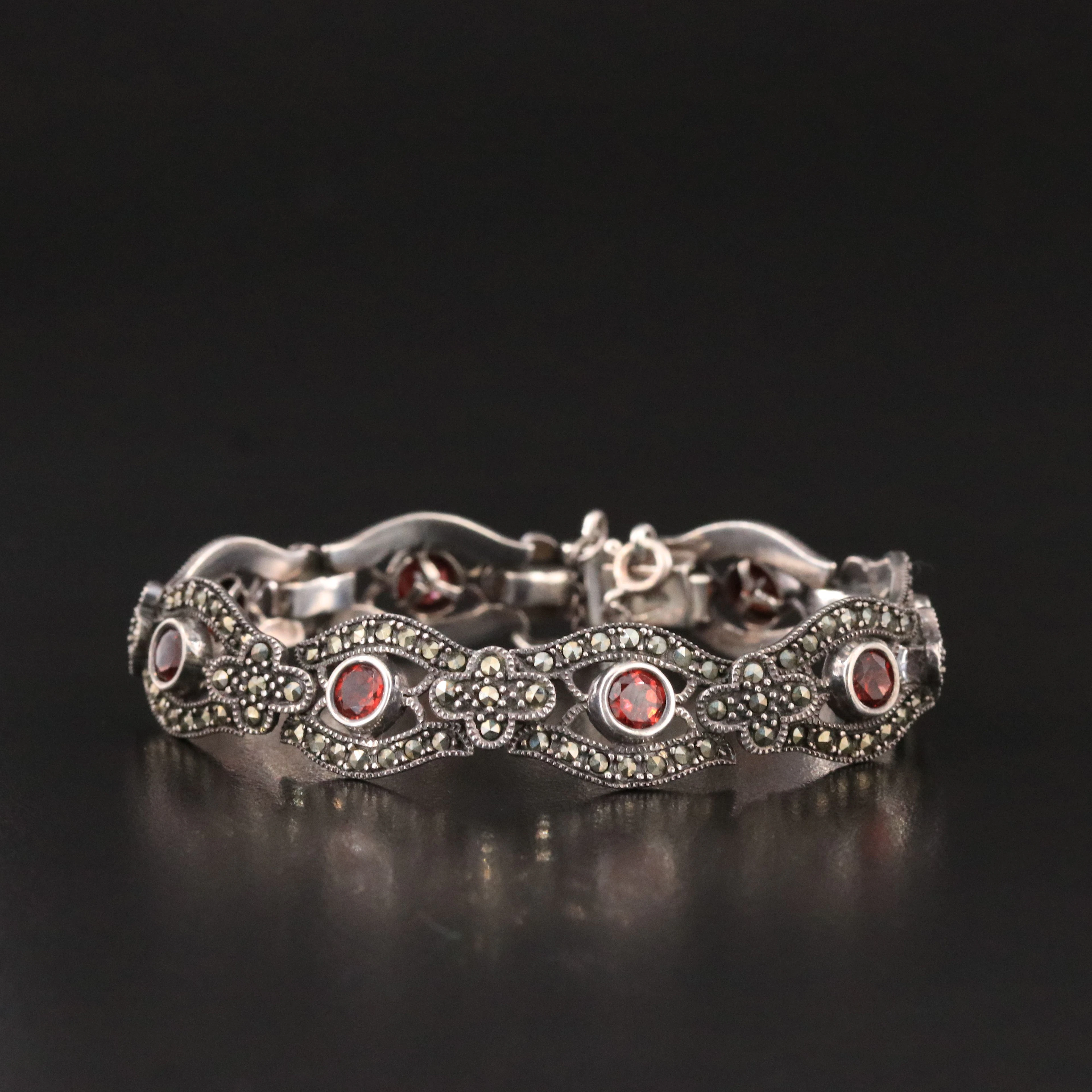 Sterling Garnet and Marcasite Floral Bracelet