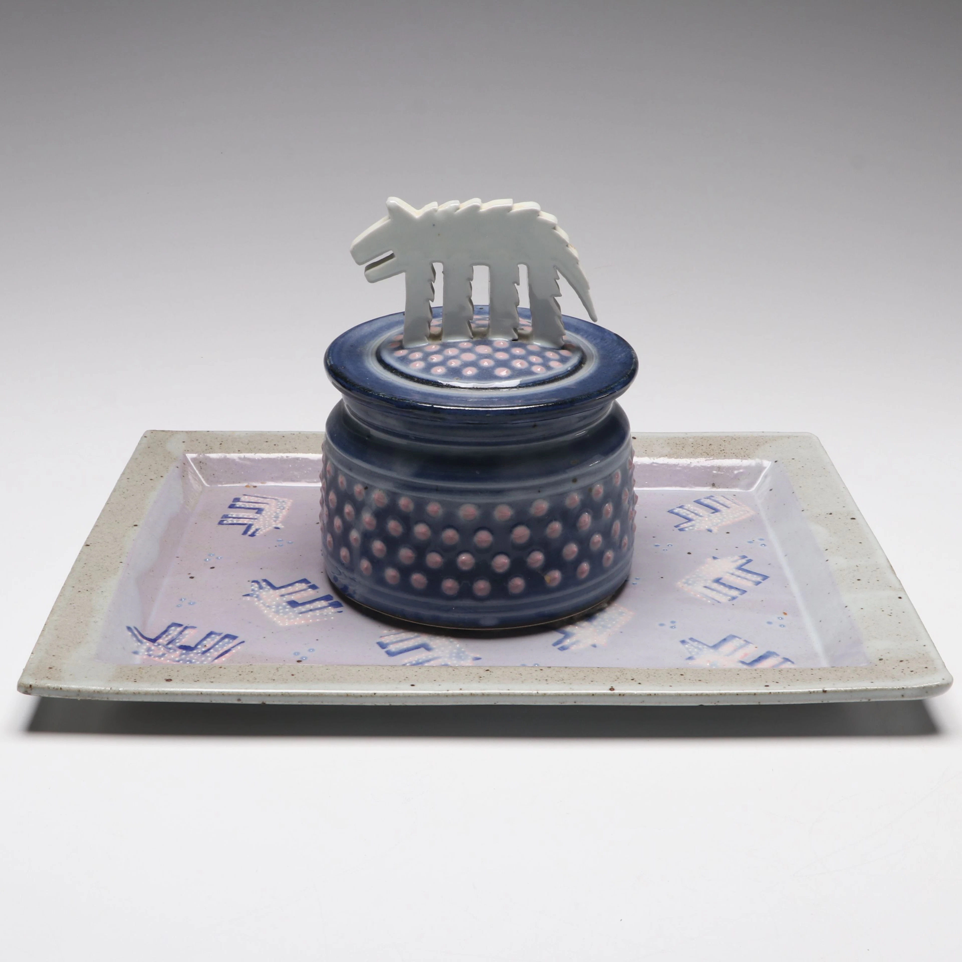 Salt Glazed Stoneware Tray and Hobnail Ceramic Jar with Coyote Finial