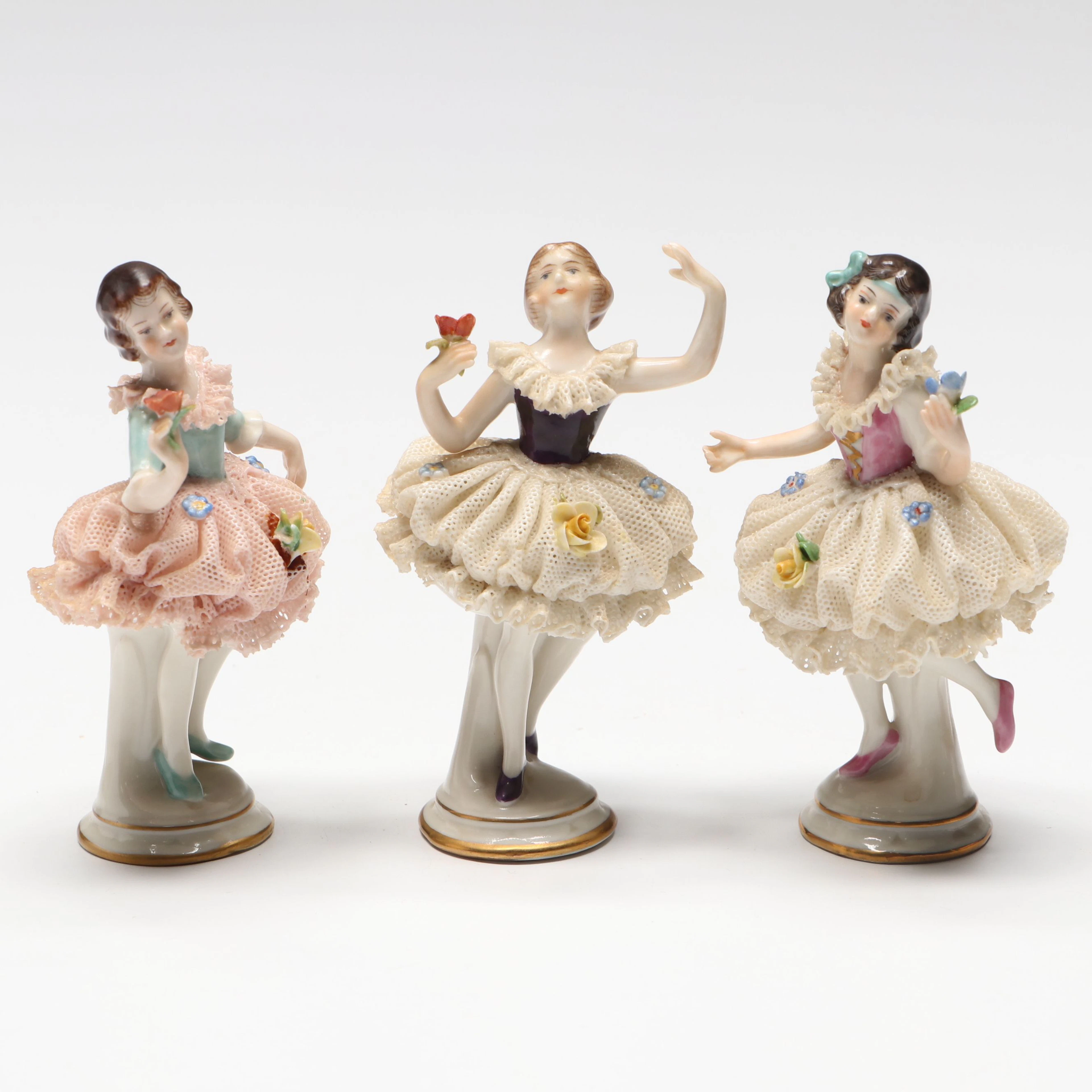 Volkstedt Porcelain "Lace Dancing Girl" and "2 Lace Ballerinas" Figurines