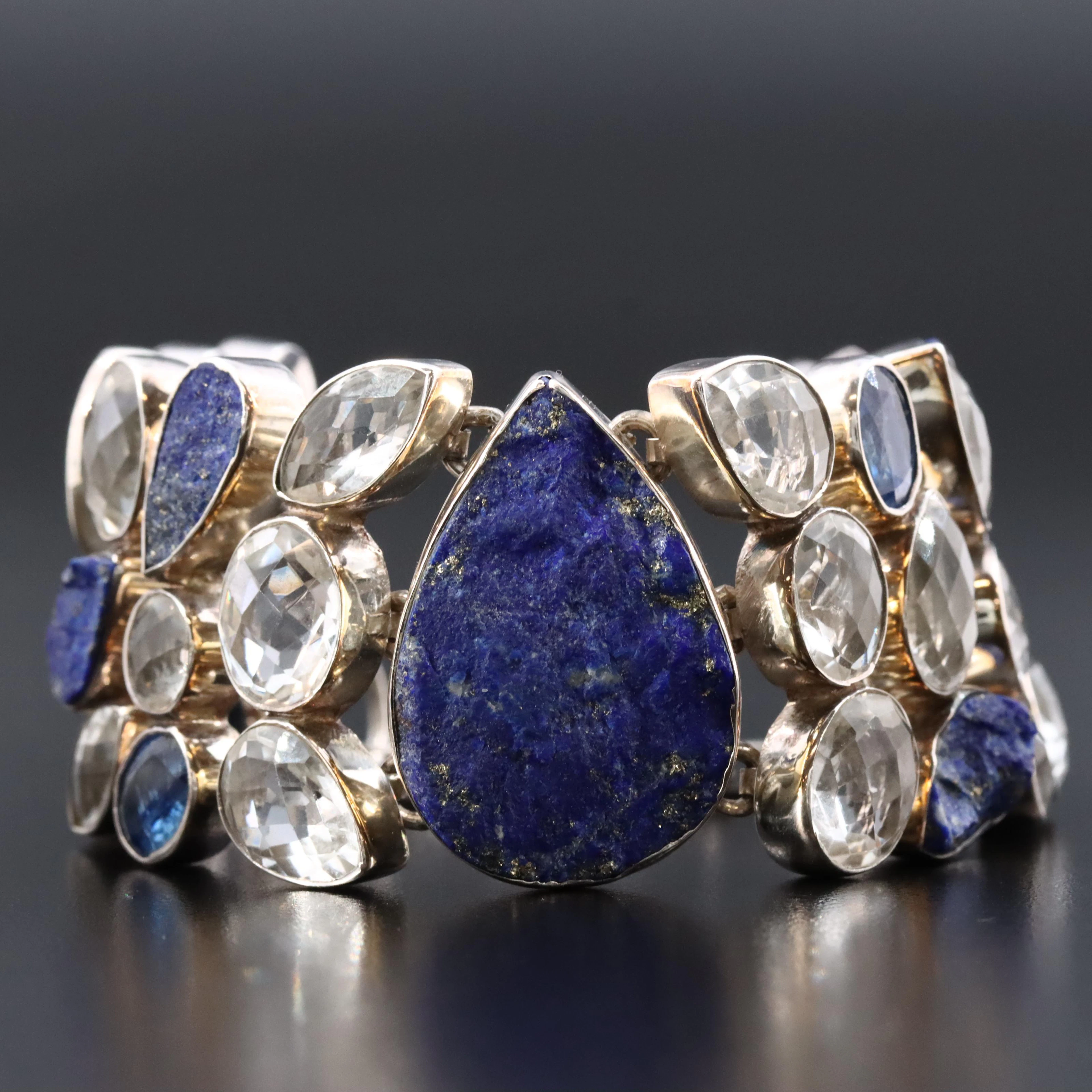Sterling Lapis Lazuli, Kyanite and Quartz Bracelet