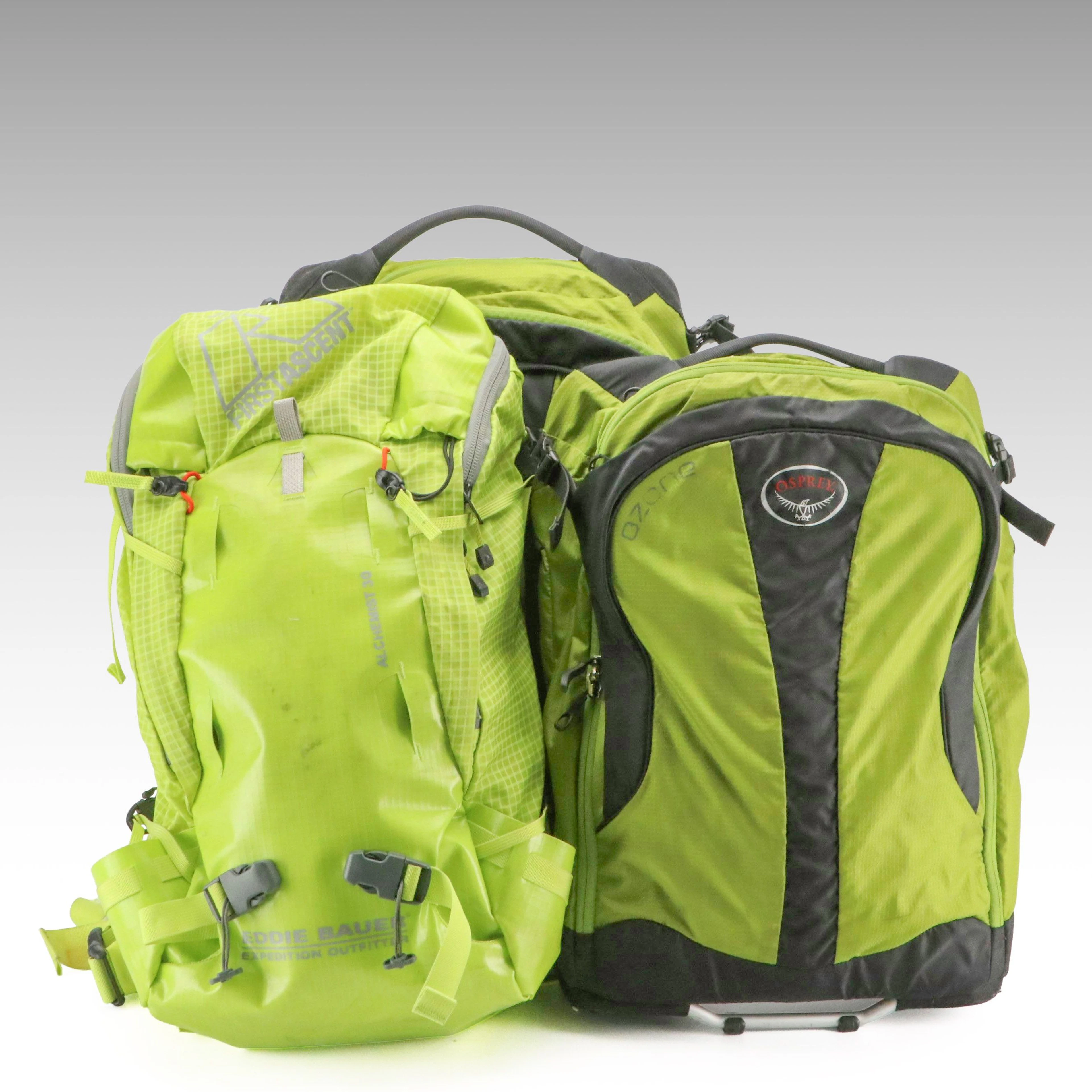 Eddie Bauer First Ascent Hike Pack and Osprey Ozone Backpacks in Green Nylon