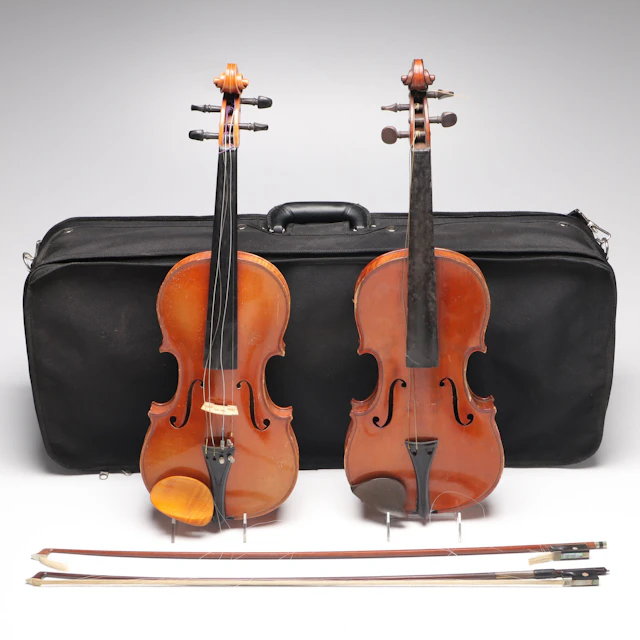 Pair of Full-Size (4/4) Violins with Double Guardian Case and Bows