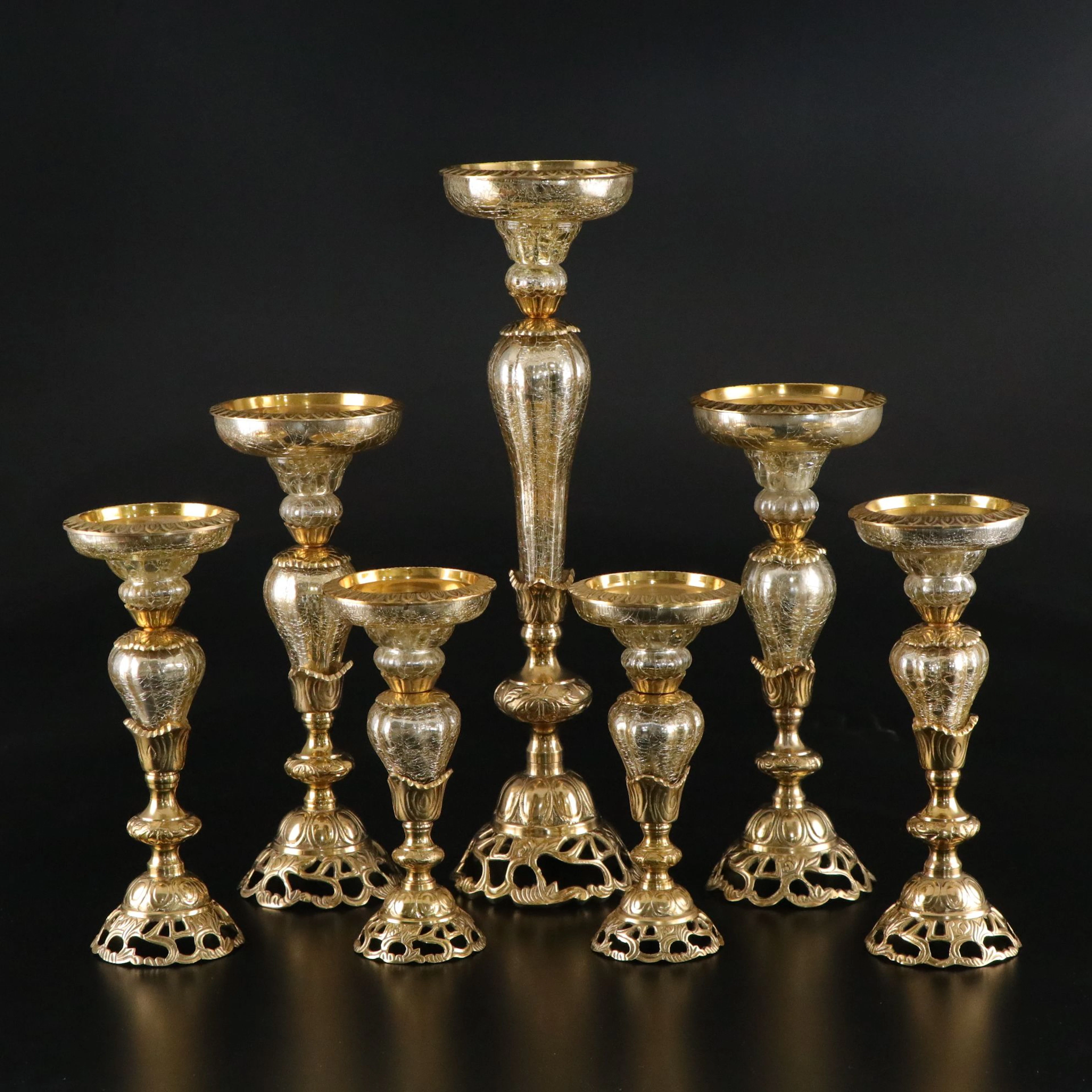 Crackle Glass and Gilt Pillar Candle Holders