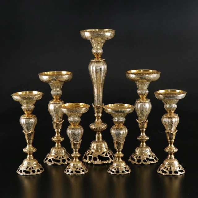 Crackle Glass and Gilt Pillar Candle Holders