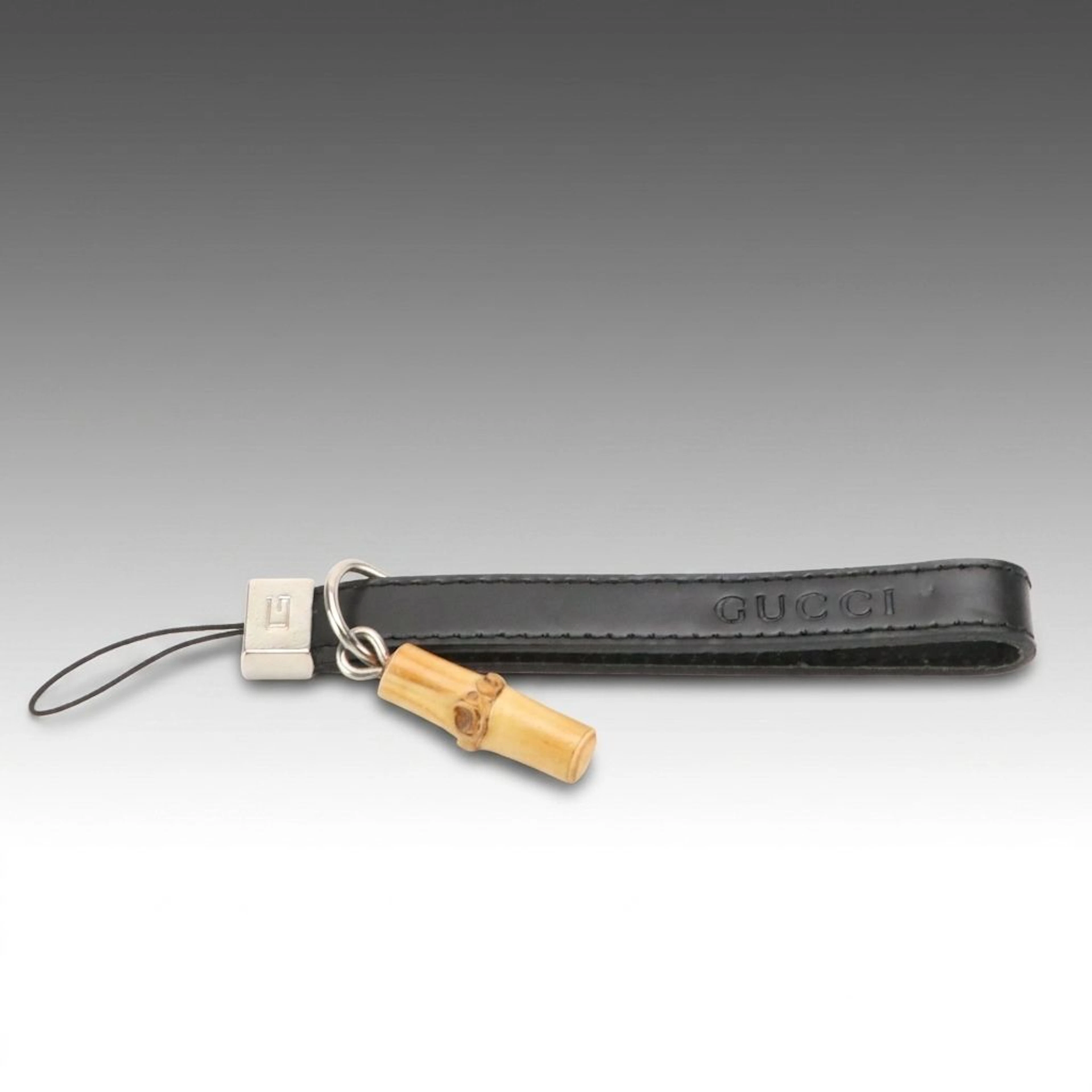 Gucci Wristlet Strap Phone Charm in Black Leather and Bamboo