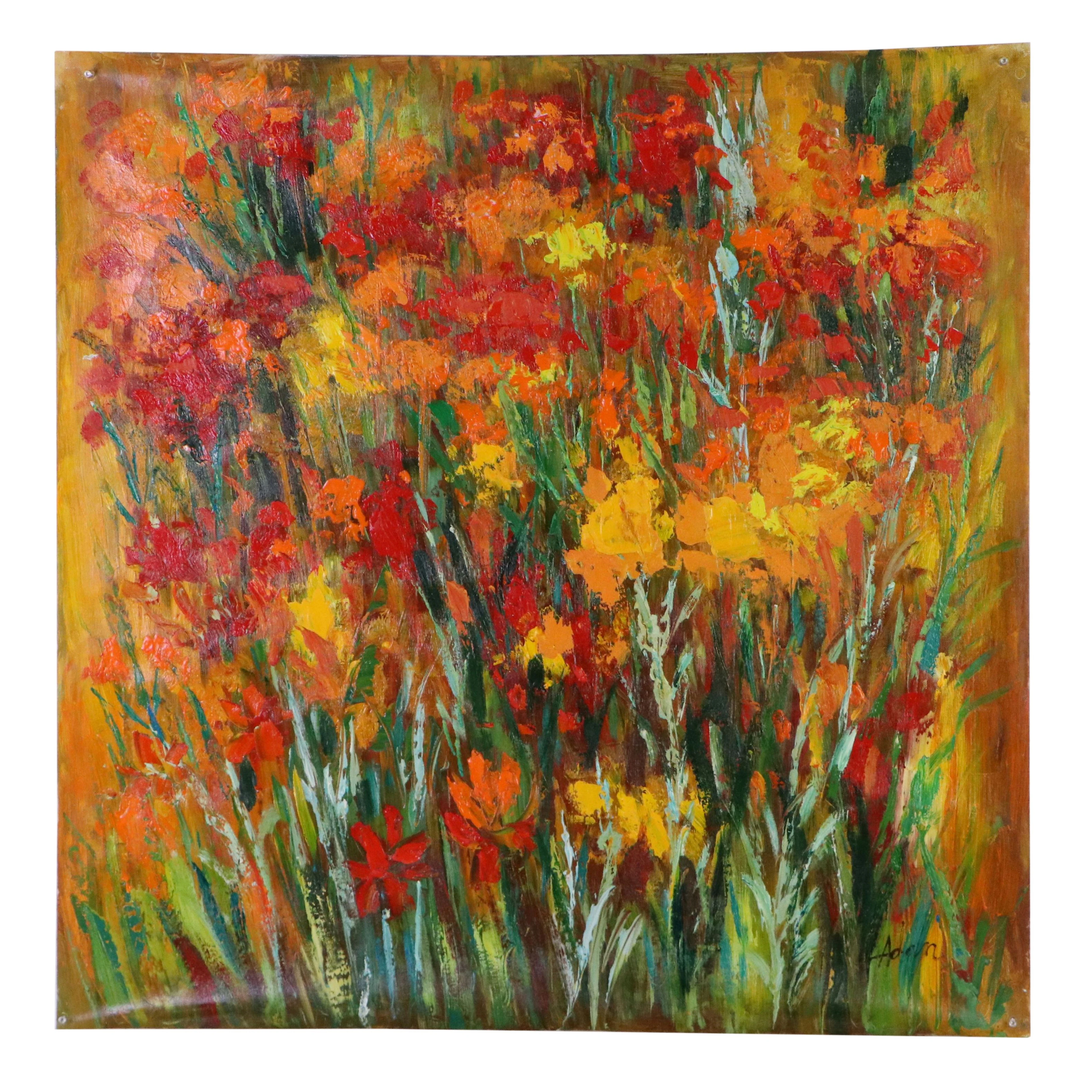 Adan Expressionist Floral Oil Painting "Cool Geometry," 21st Century
