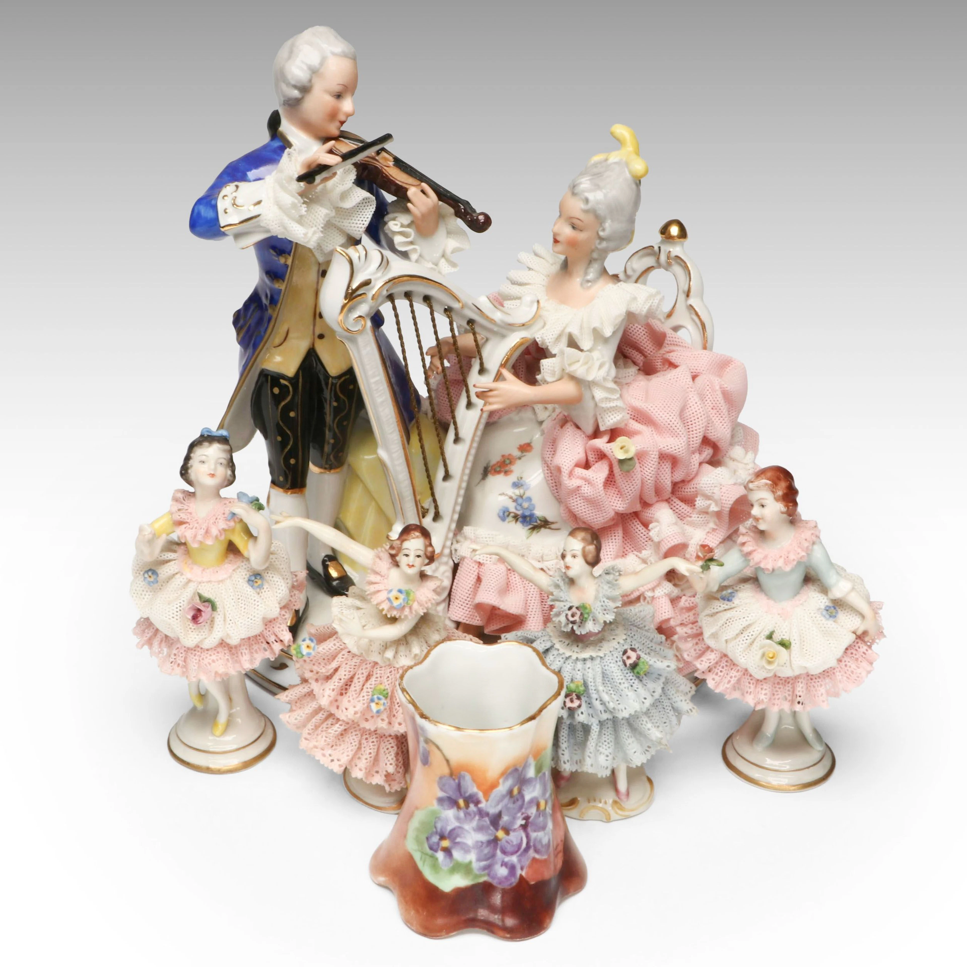 Dresden Gilt Porcelain Musical Couple with Volkstedt Figurines and Other Décor