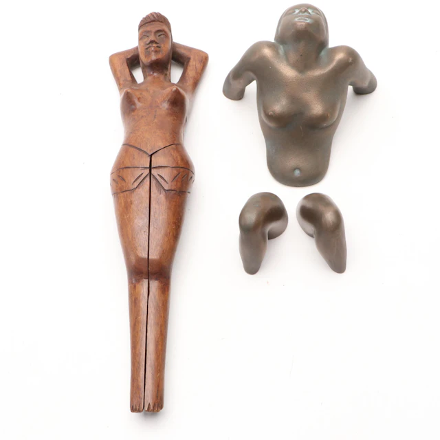Vintage Wooden Figural Nutcracker with Other Metal Sculpture