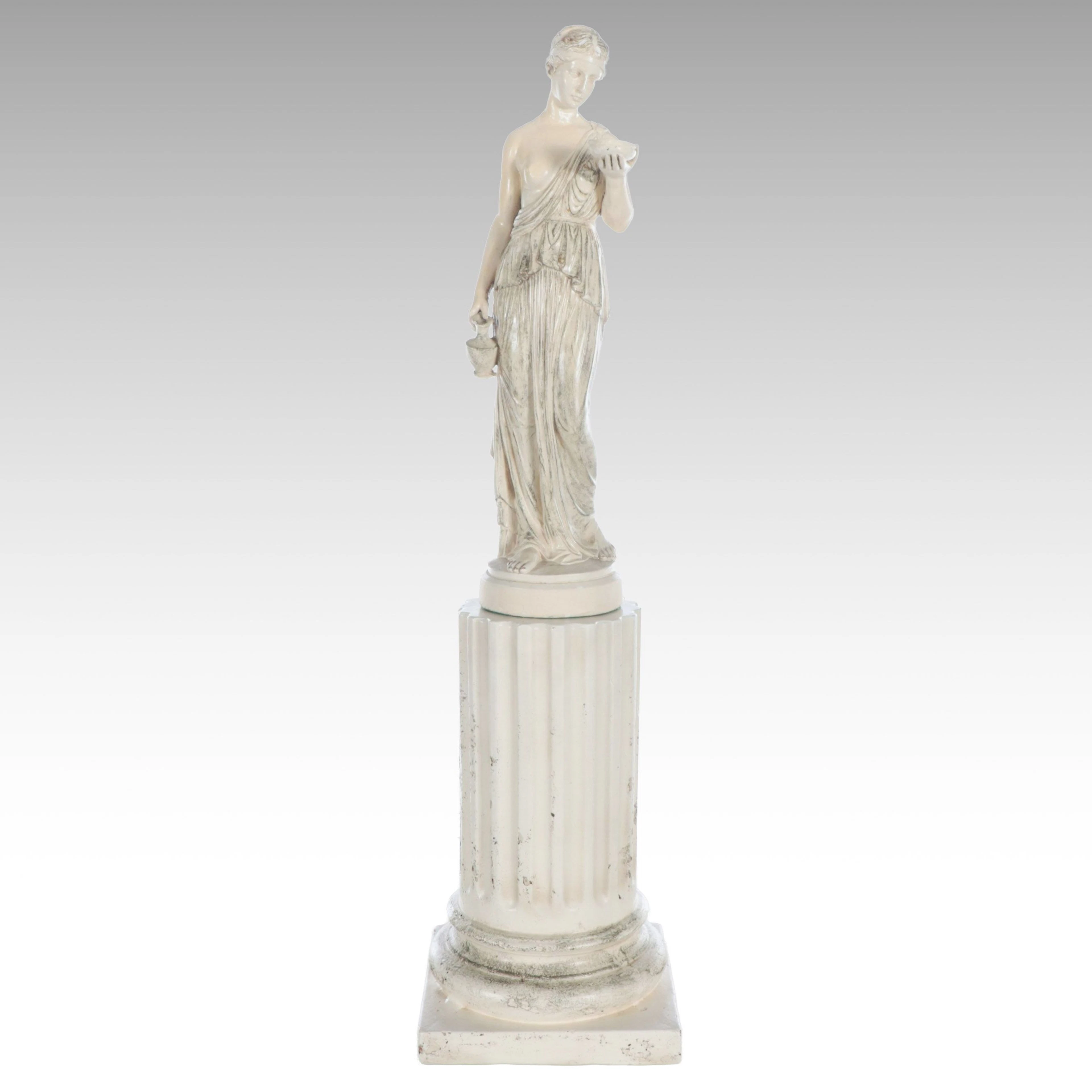 Greco-Roman Style Statue of Hebe on Fluted Pedestal