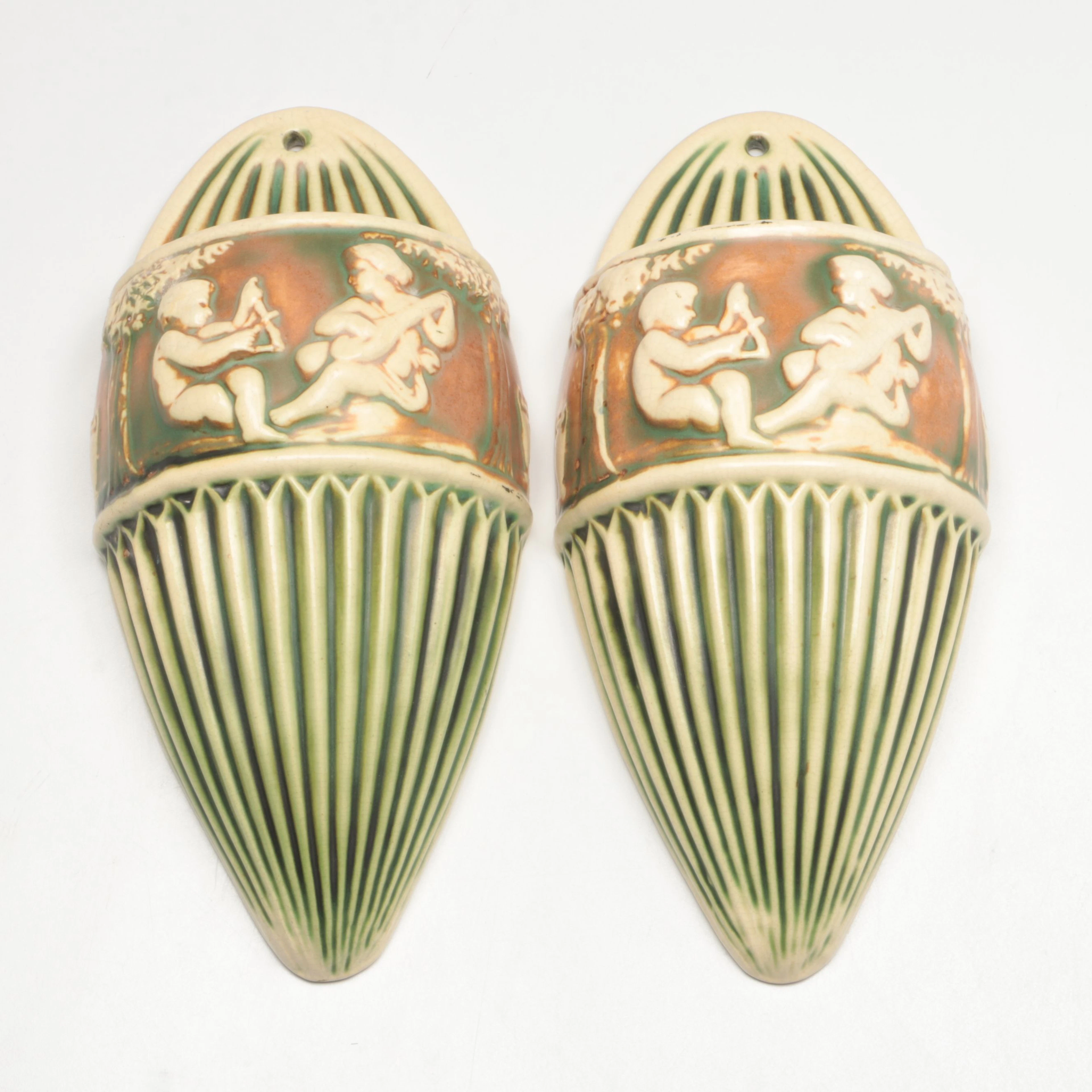 Roseville Pottery "Donatello" Ceramic Wall Pockets, Early 20th Century