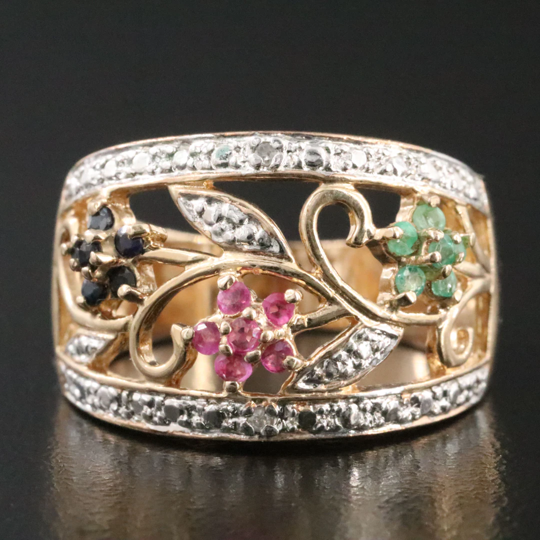 Sterling Ruby, Sapphire and Diamond Floral Ring