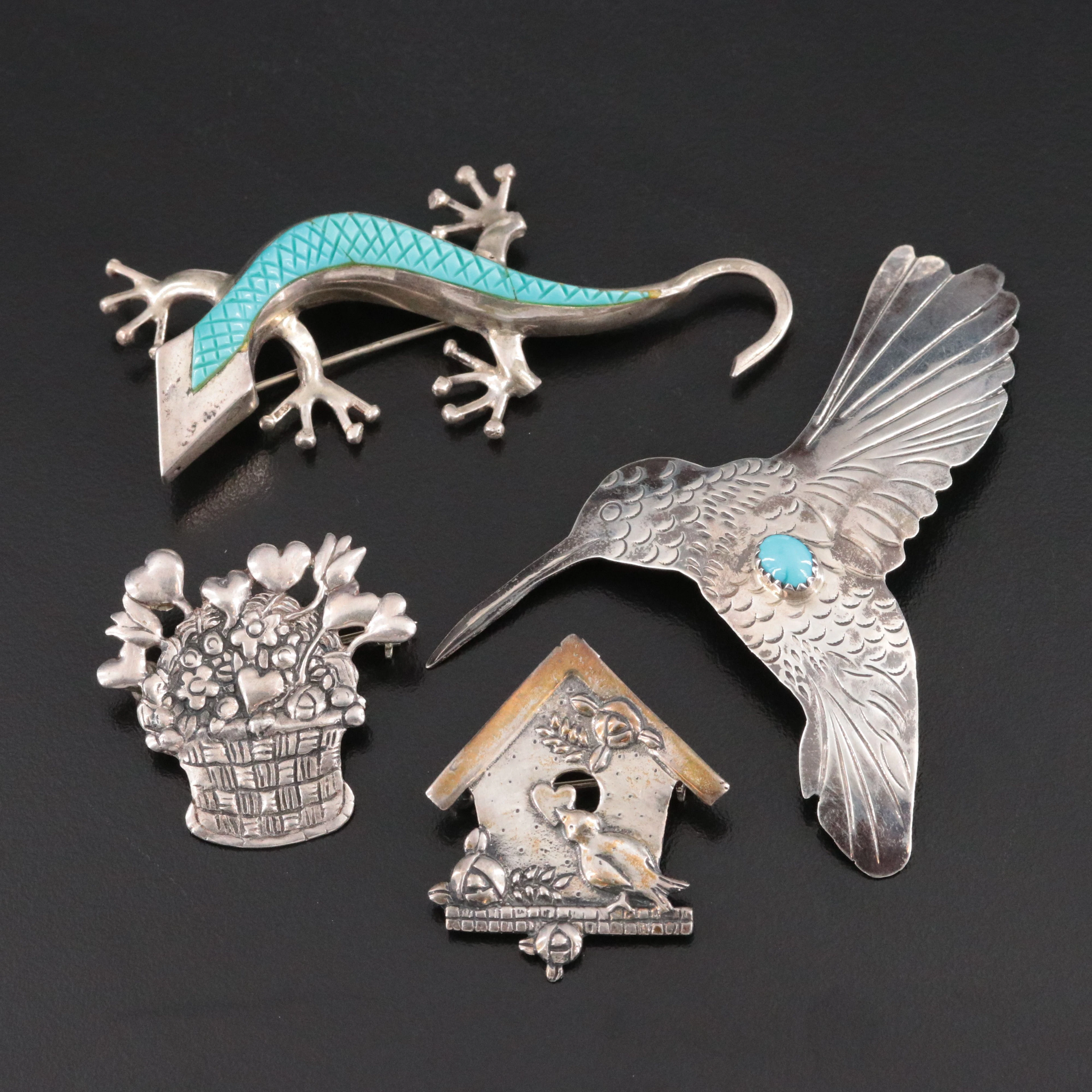 Sterling Turquoise Animal and Plant Themed Brooches